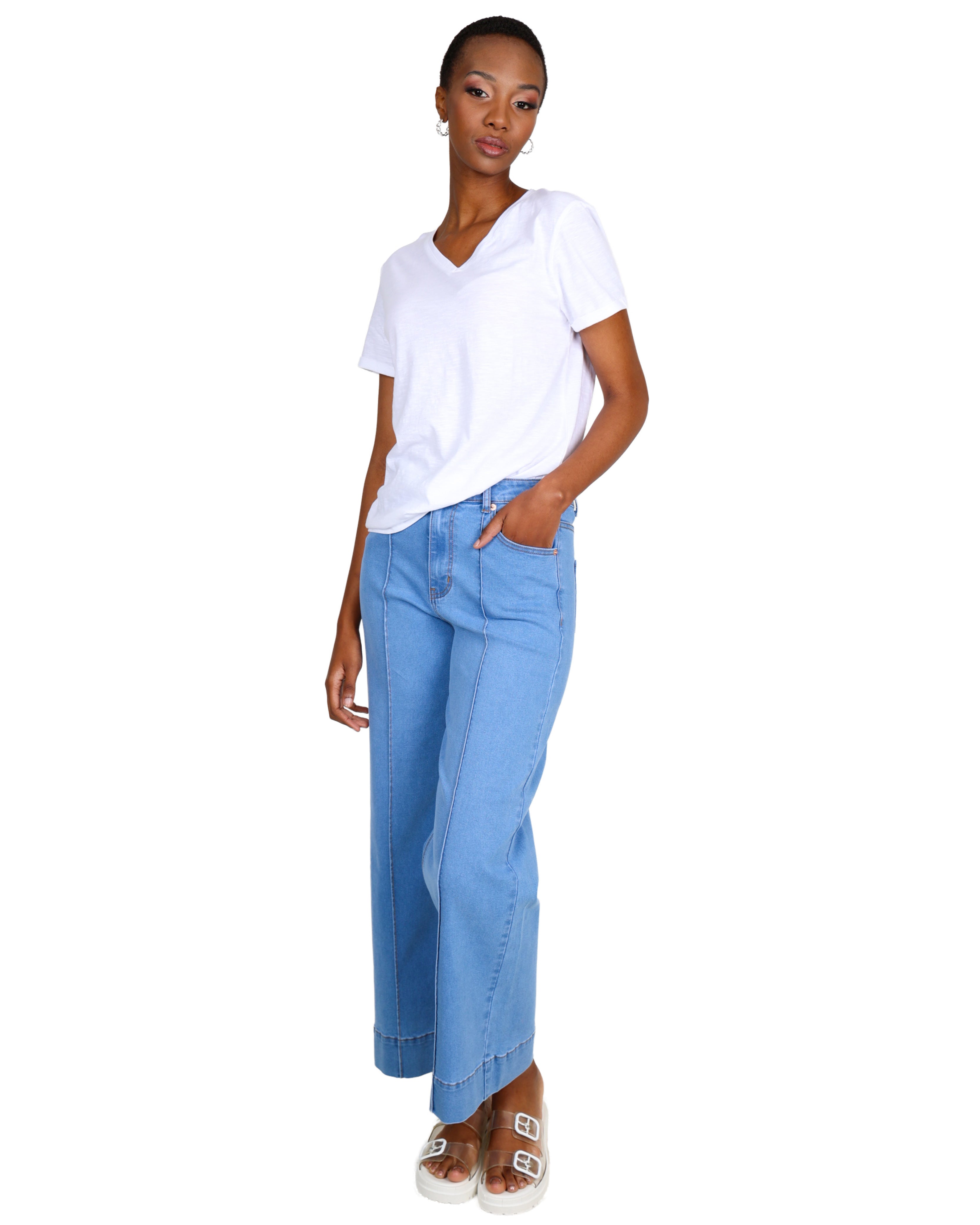Light Indigo Pintuck Wide Leg Denim Jeans