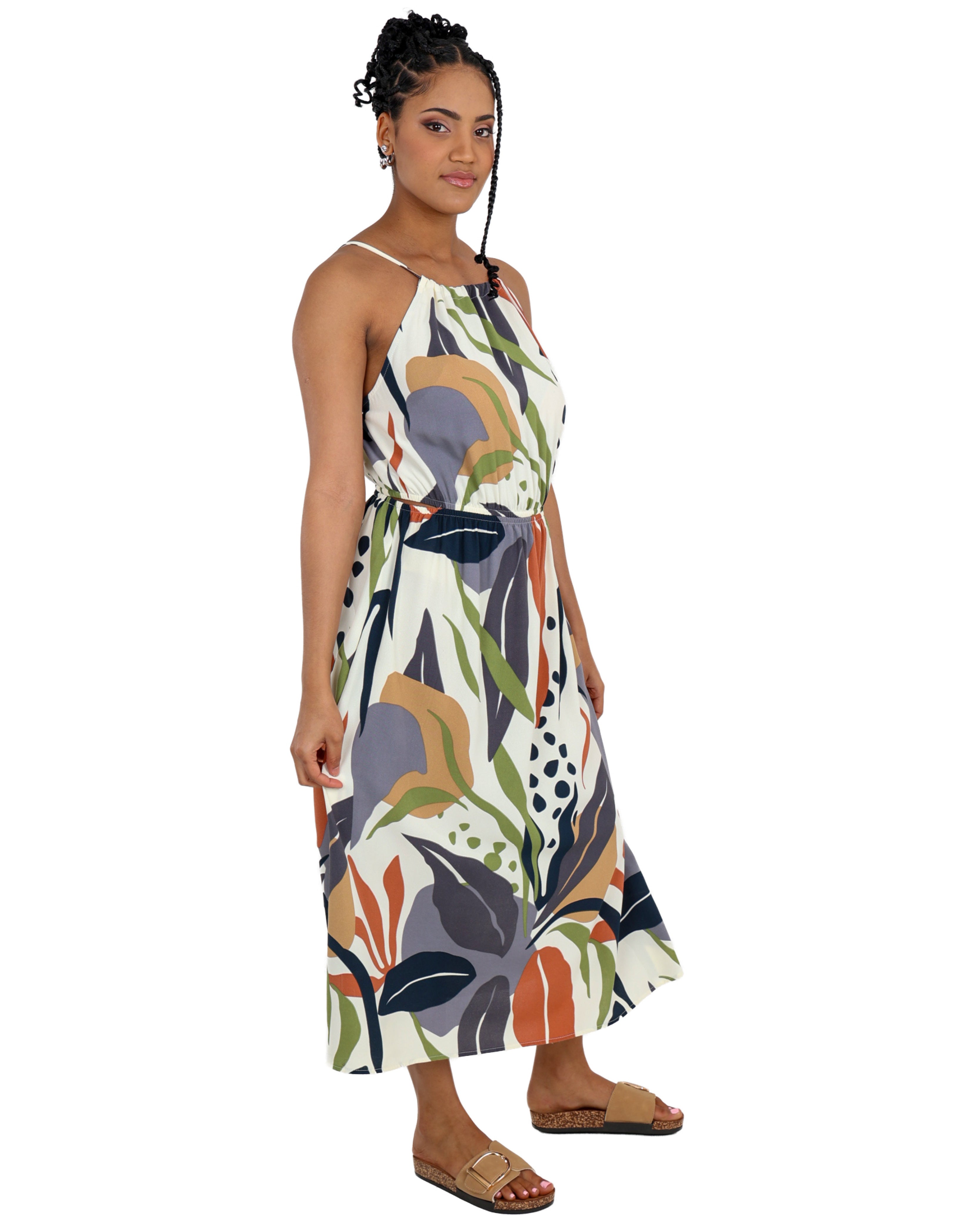 Leaf Print Cut Out Midi Dress