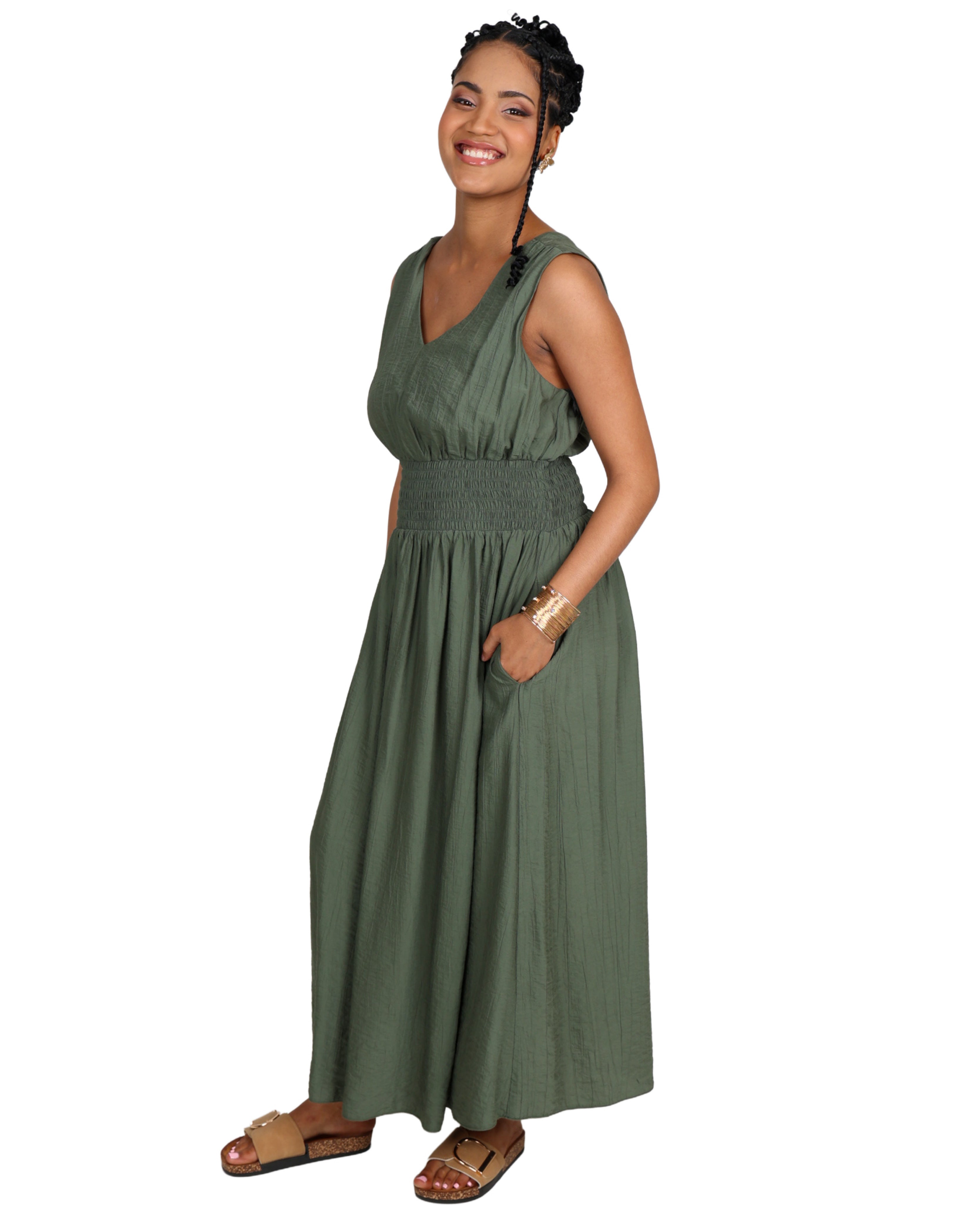 Sleeveless V-Neck Smocked Maxi Dress
