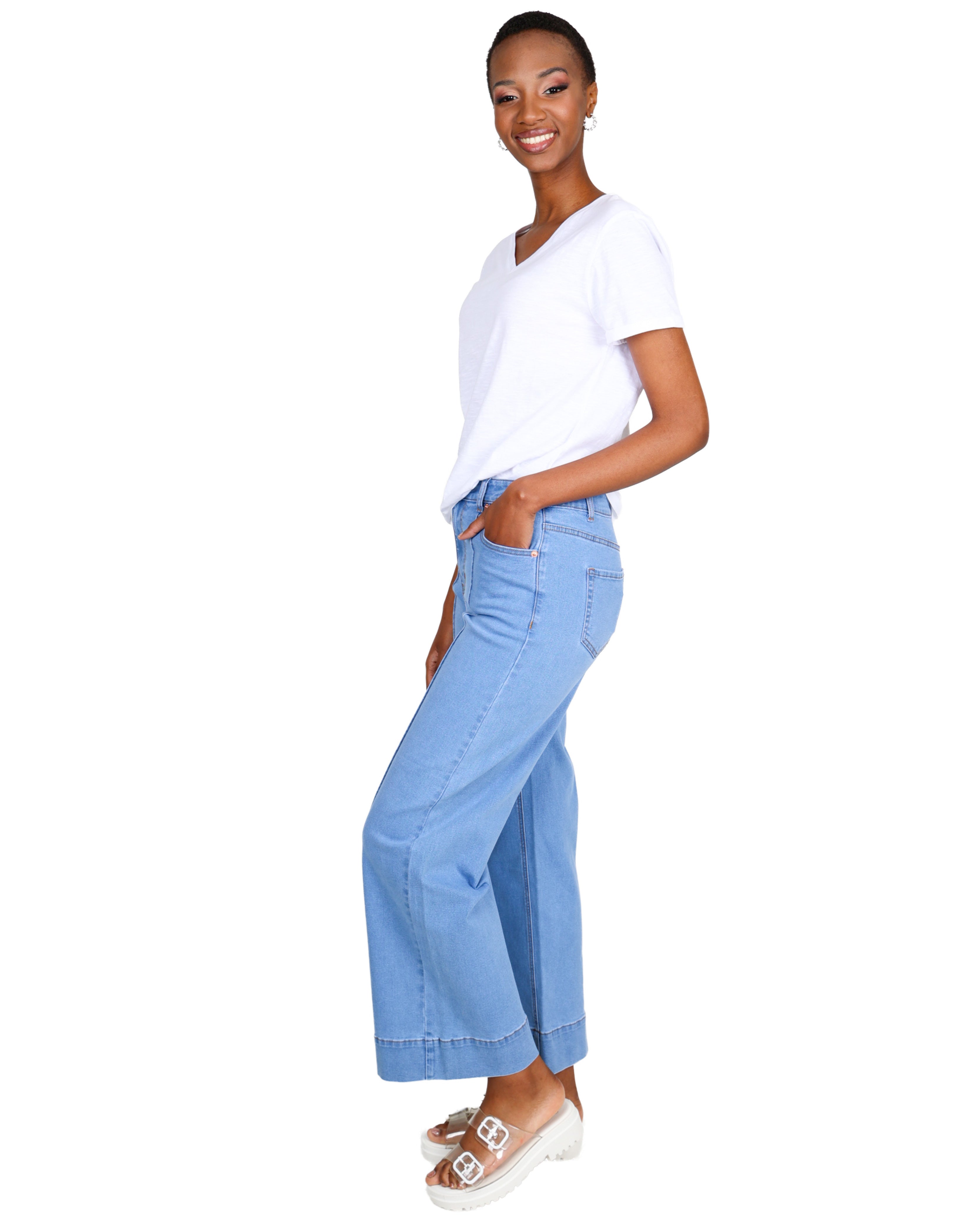 Light Indigo Pintuck Wide Leg Denim Jeans
