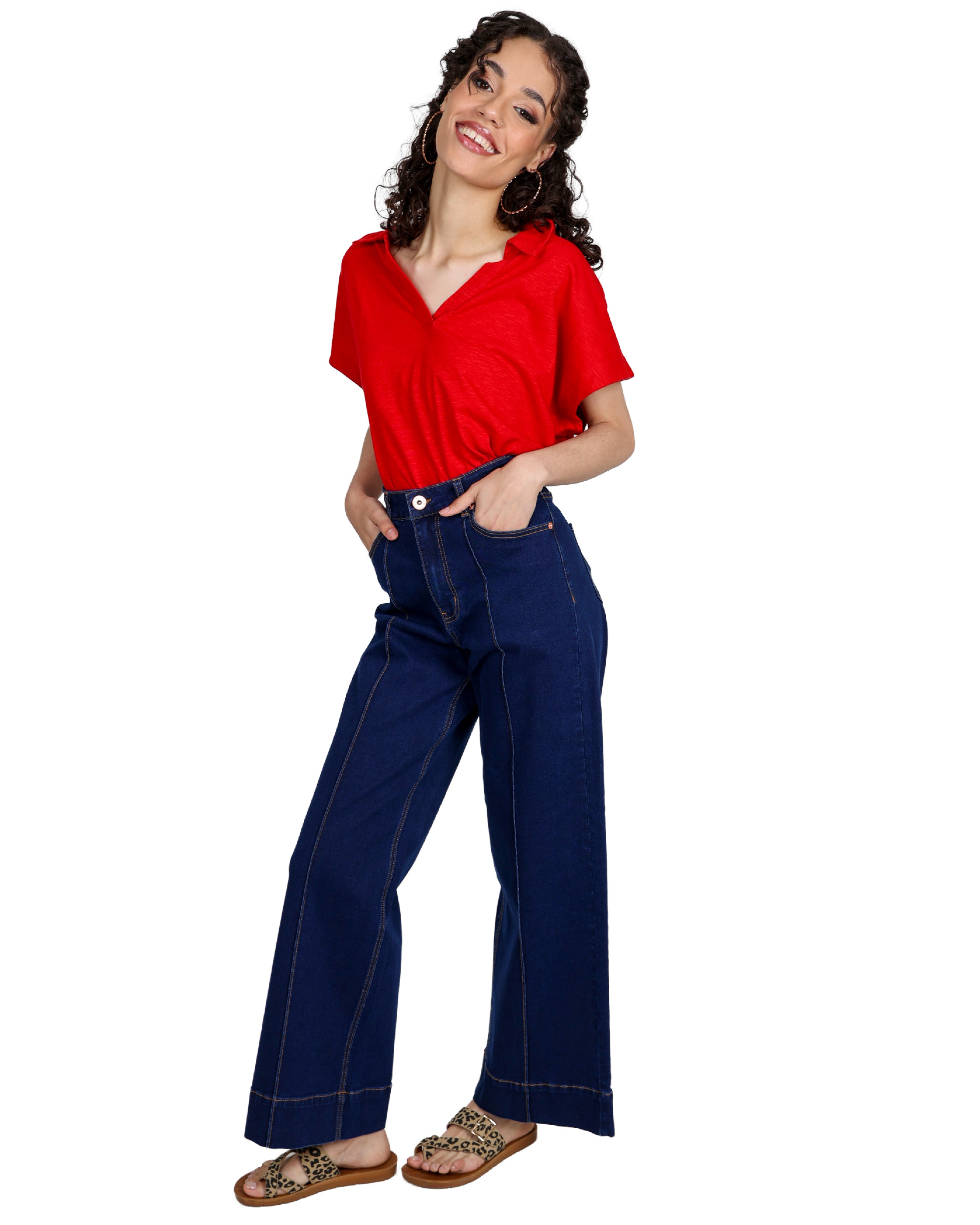 Red Short Sleeve Johnny Collar Top