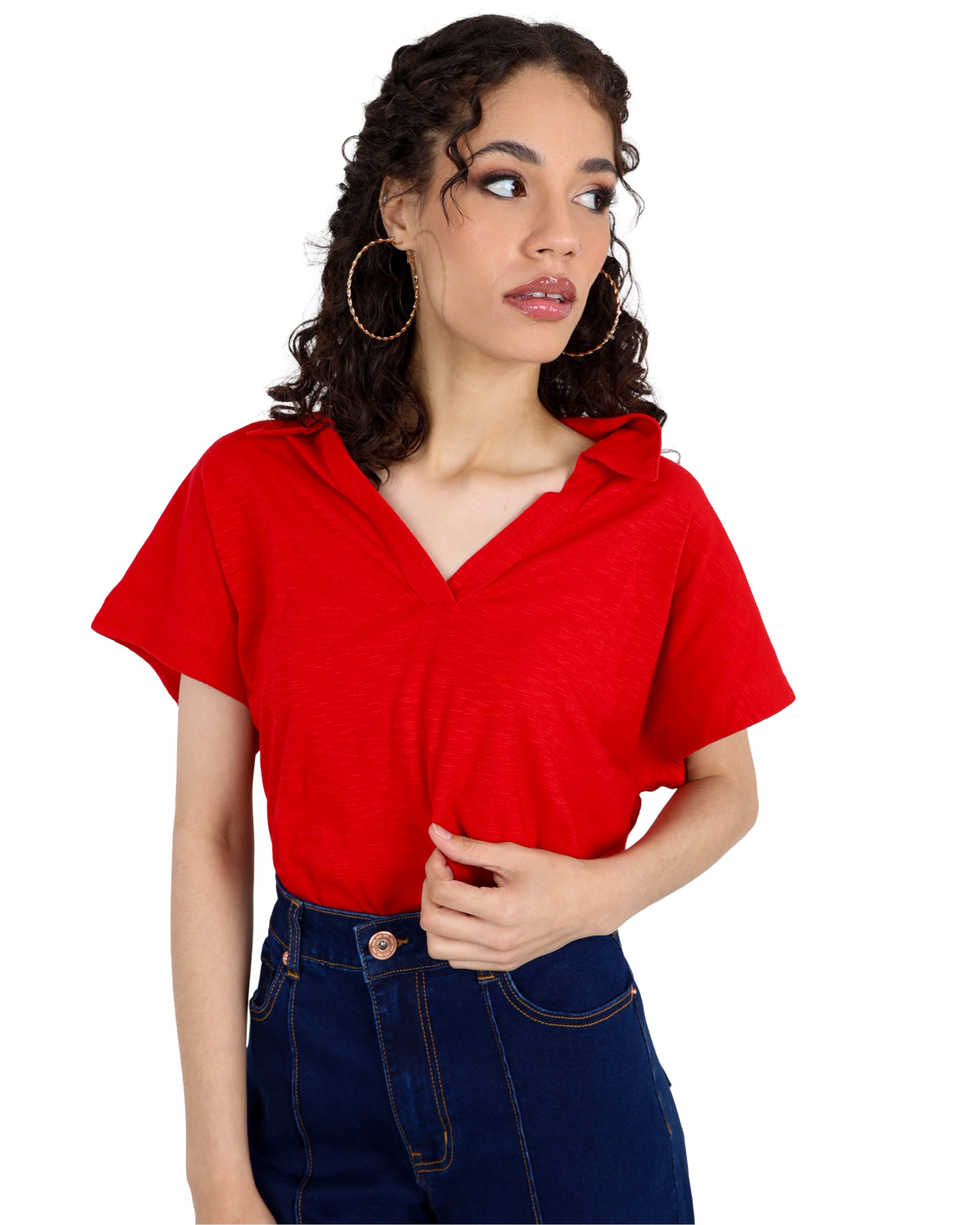 Red Short Sleeve Johnny Collar Top