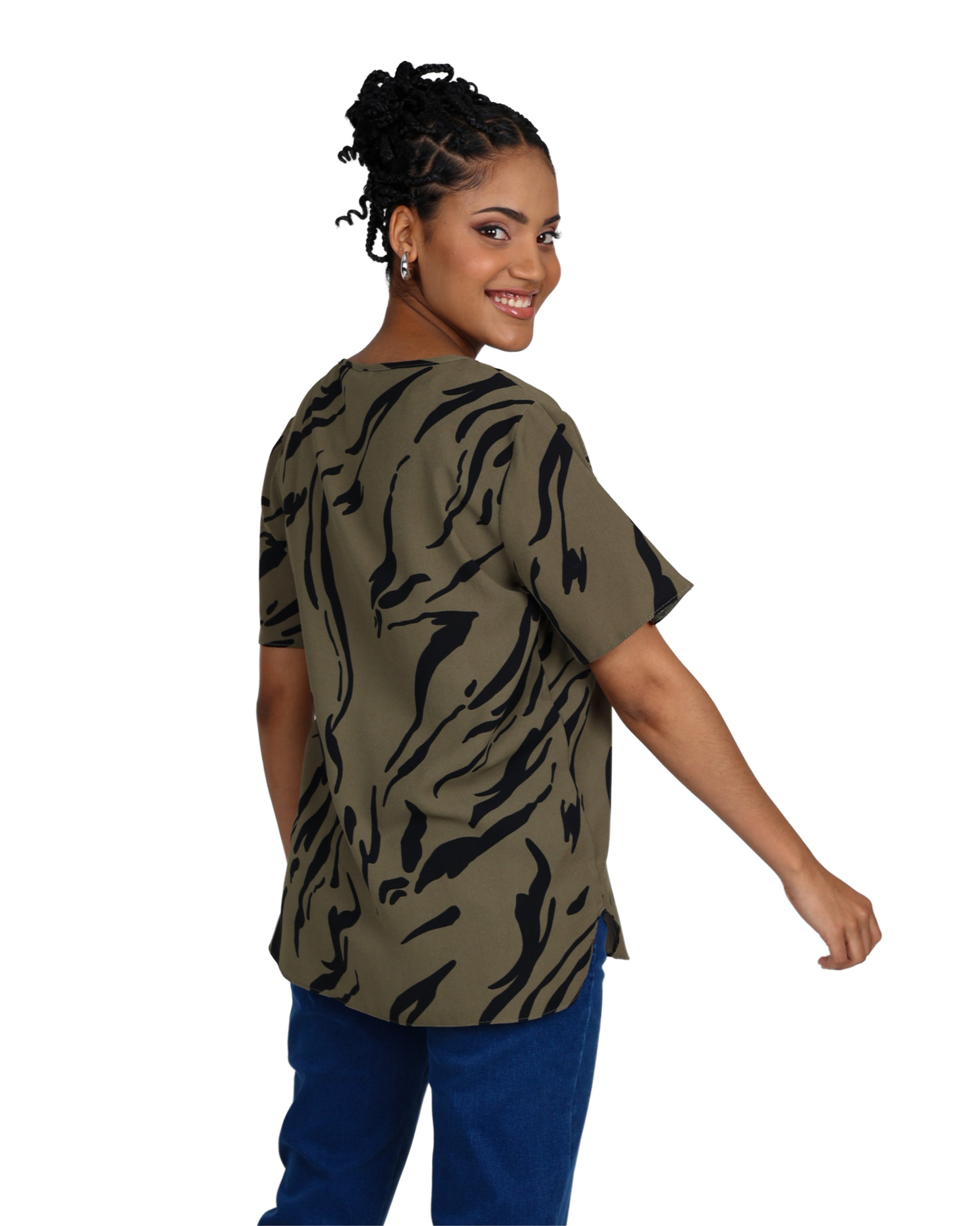 Olive Short Sleeve Round Neck Blouse