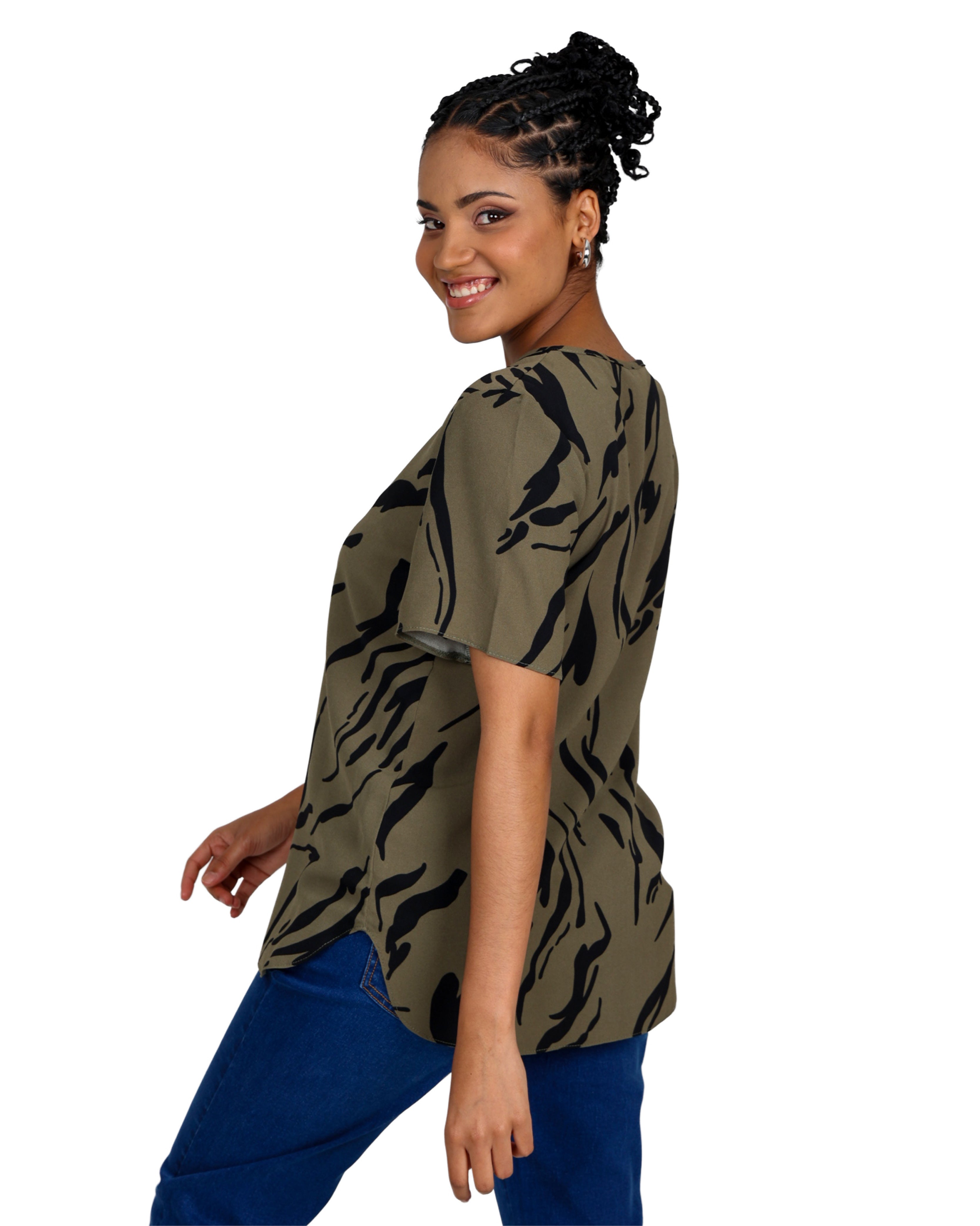 Olive Short Sleeve Round Neck Blouse