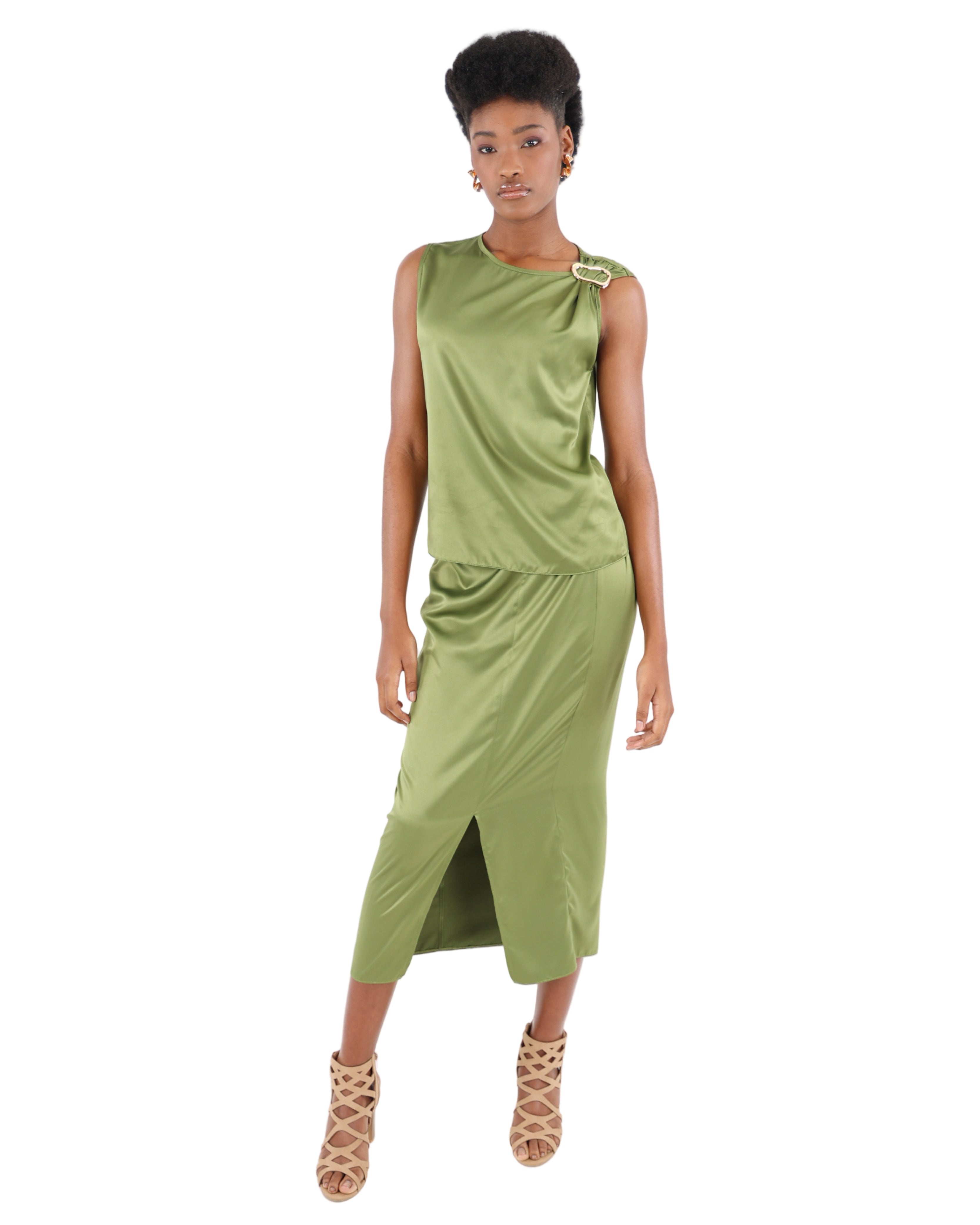 Olive Sleeveless Trim Detail Satin Blouse