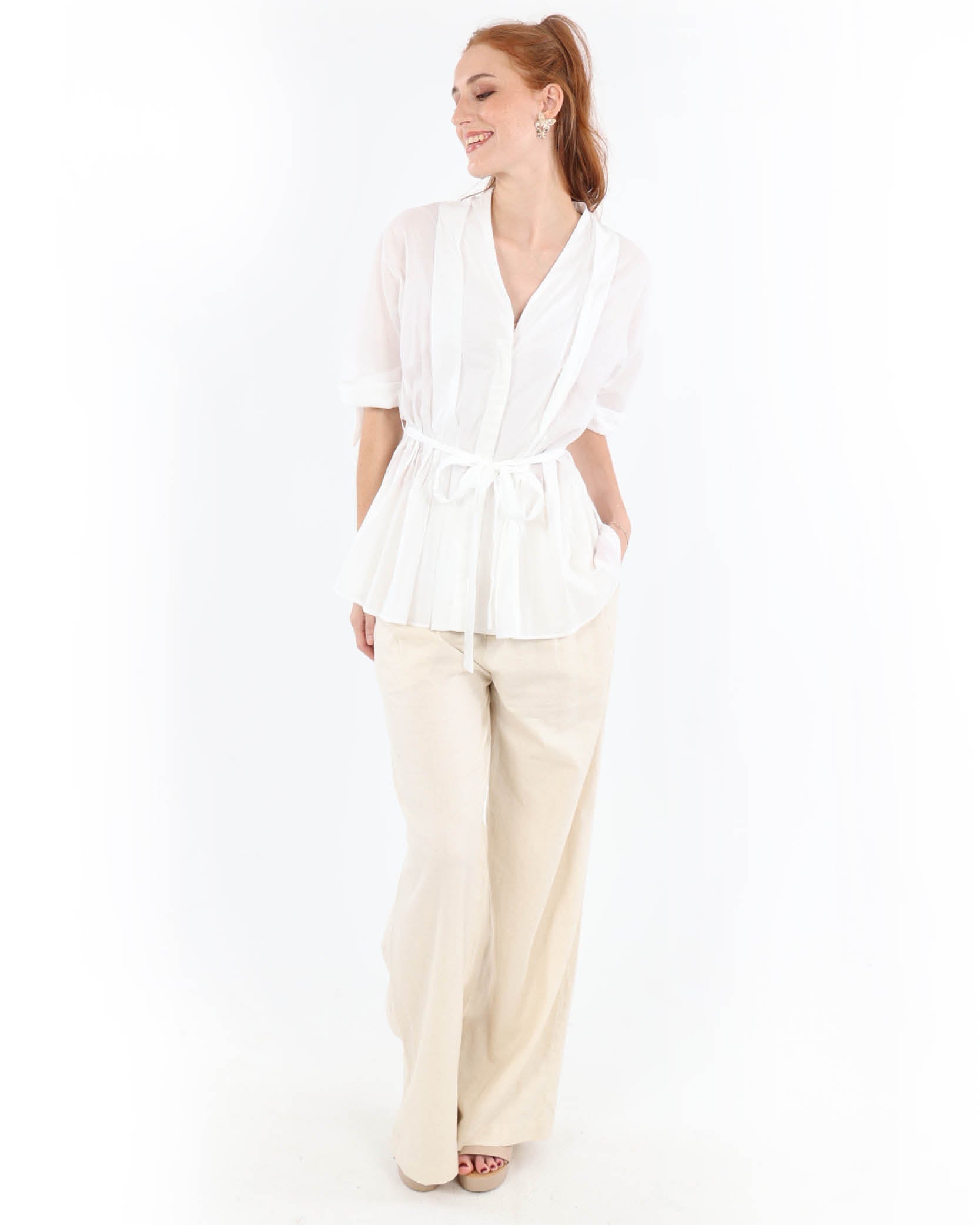 Pintuck Tie Cotton Shirt