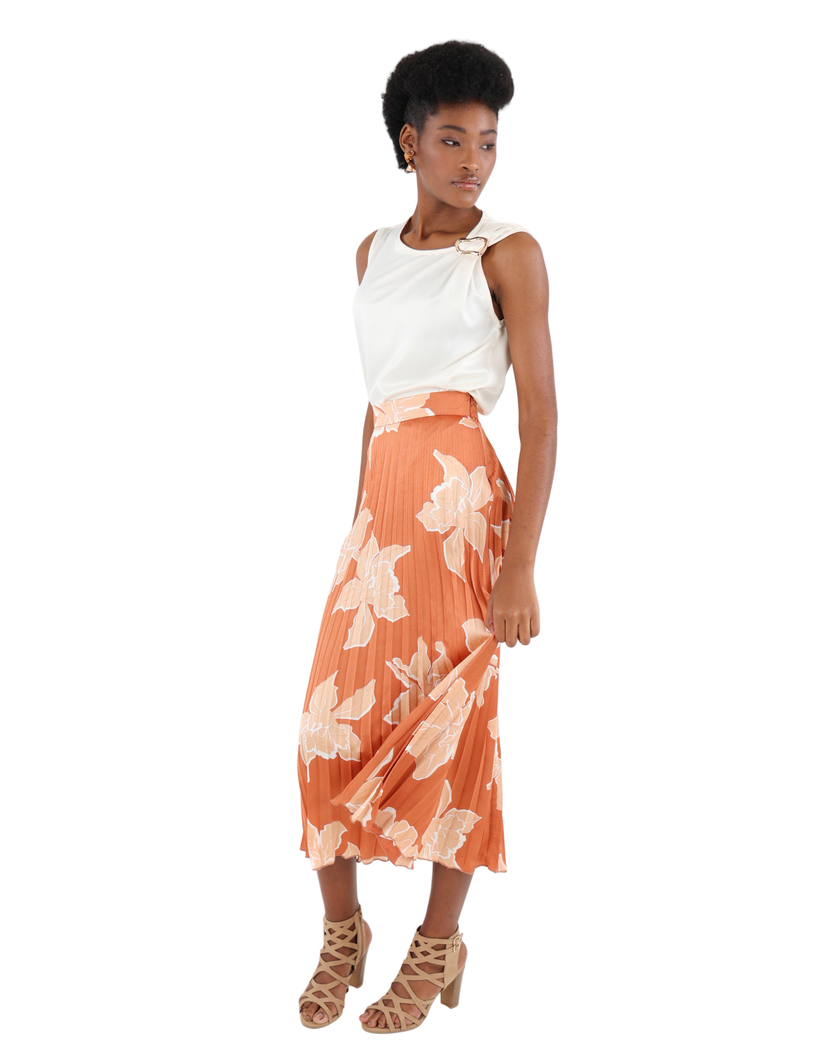 Floral Print Pleated Midi Skirt