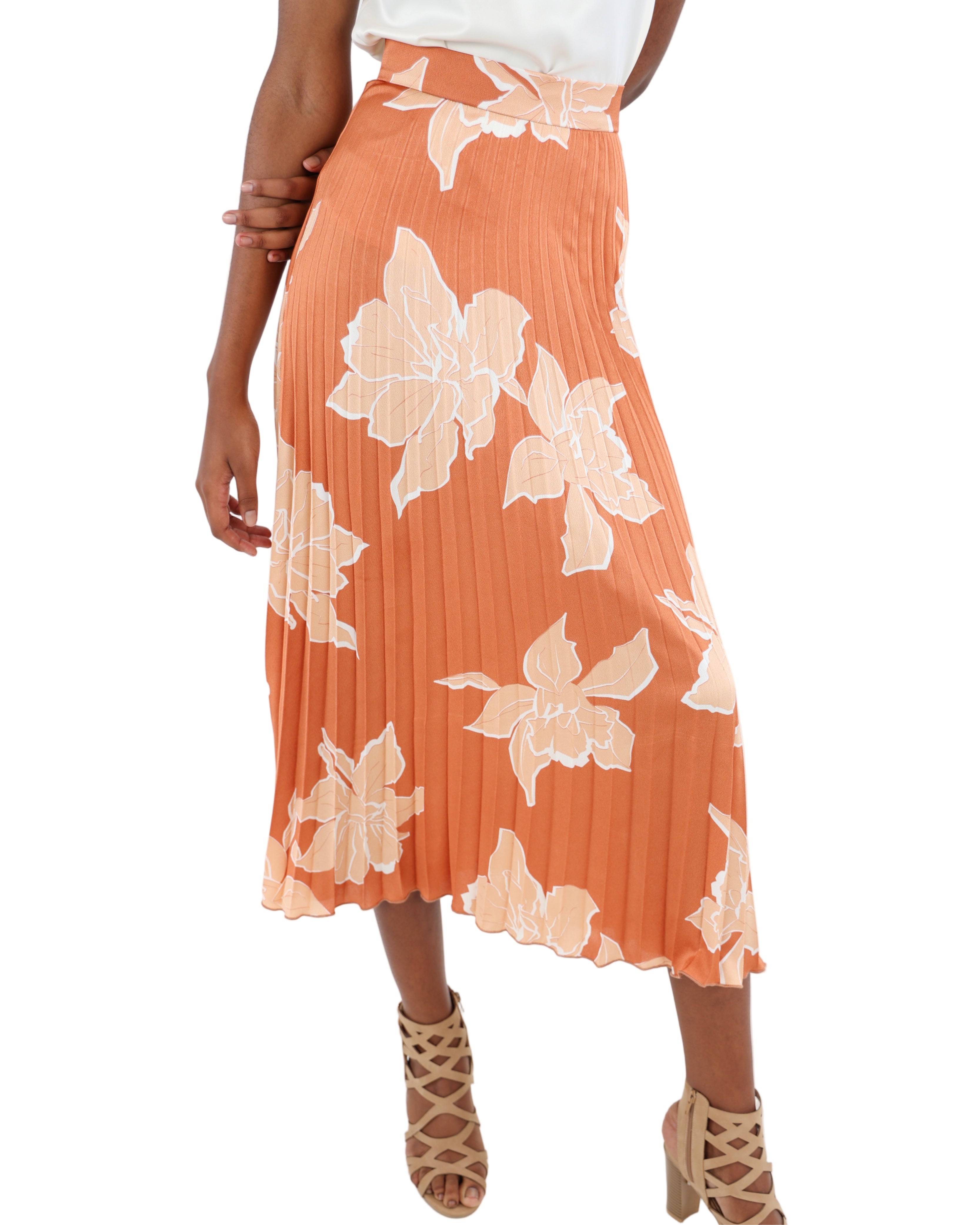 Floral Print Pleated Midi Skirt