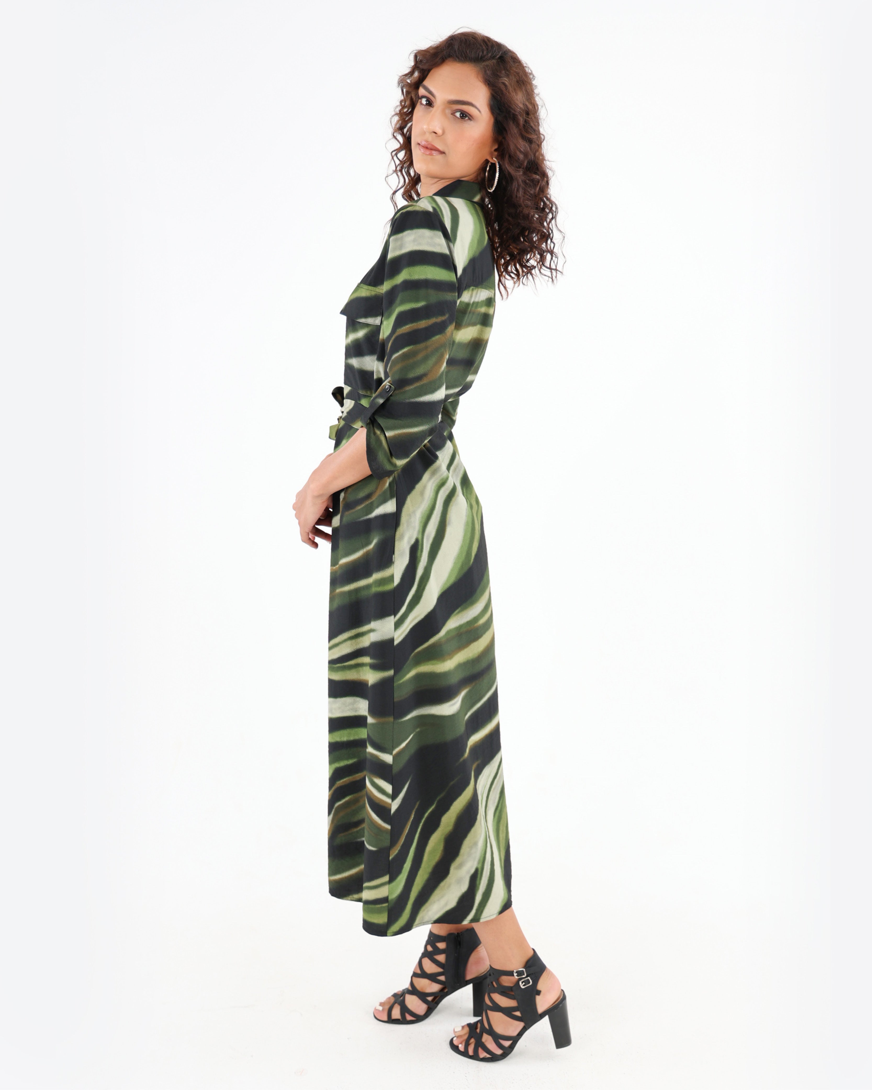 3/4 Sleeve Abstract Print Midi Shirt Dress