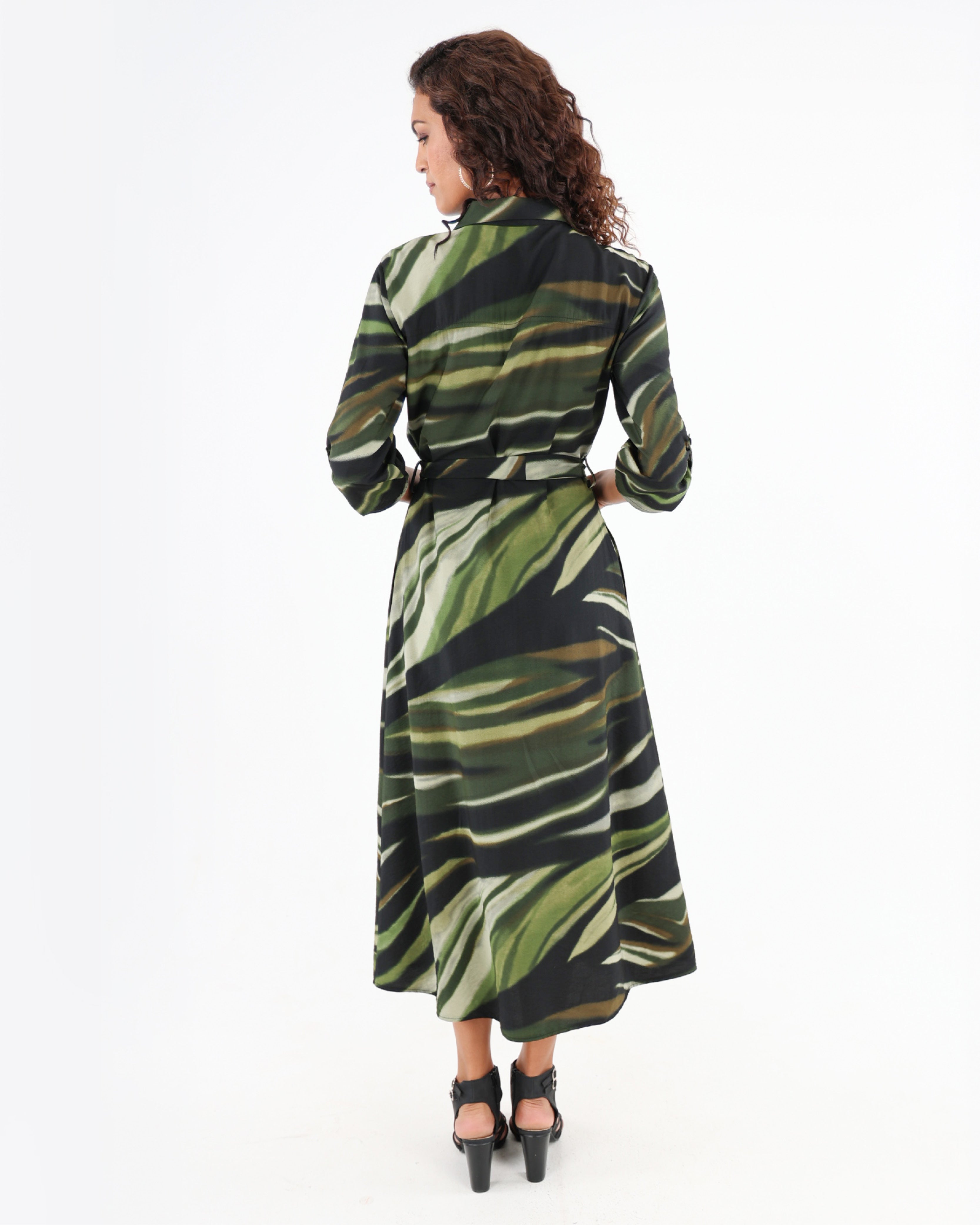 3/4 Sleeve Abstract Print Midi Shirt Dress
