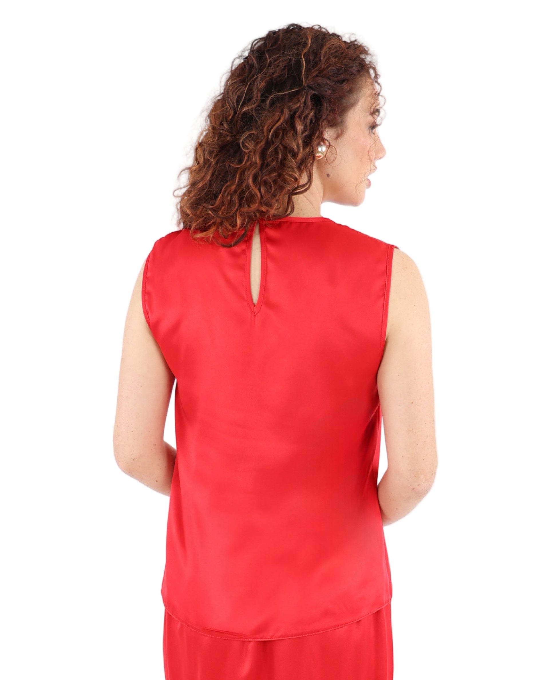 Red Sleeveless Trim Detail Satin Blouse