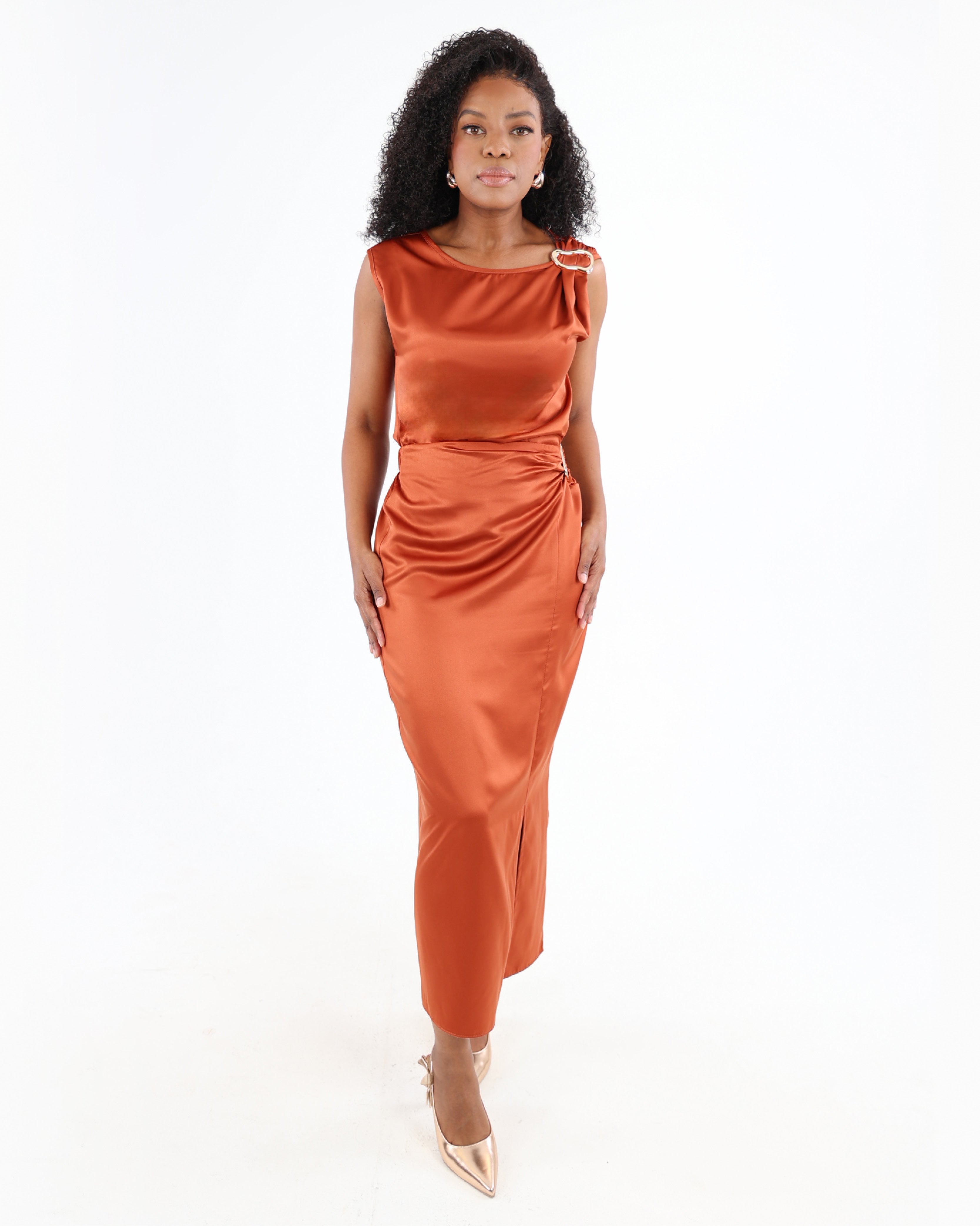 Rust Satin Midi Skirt with Trim Detail