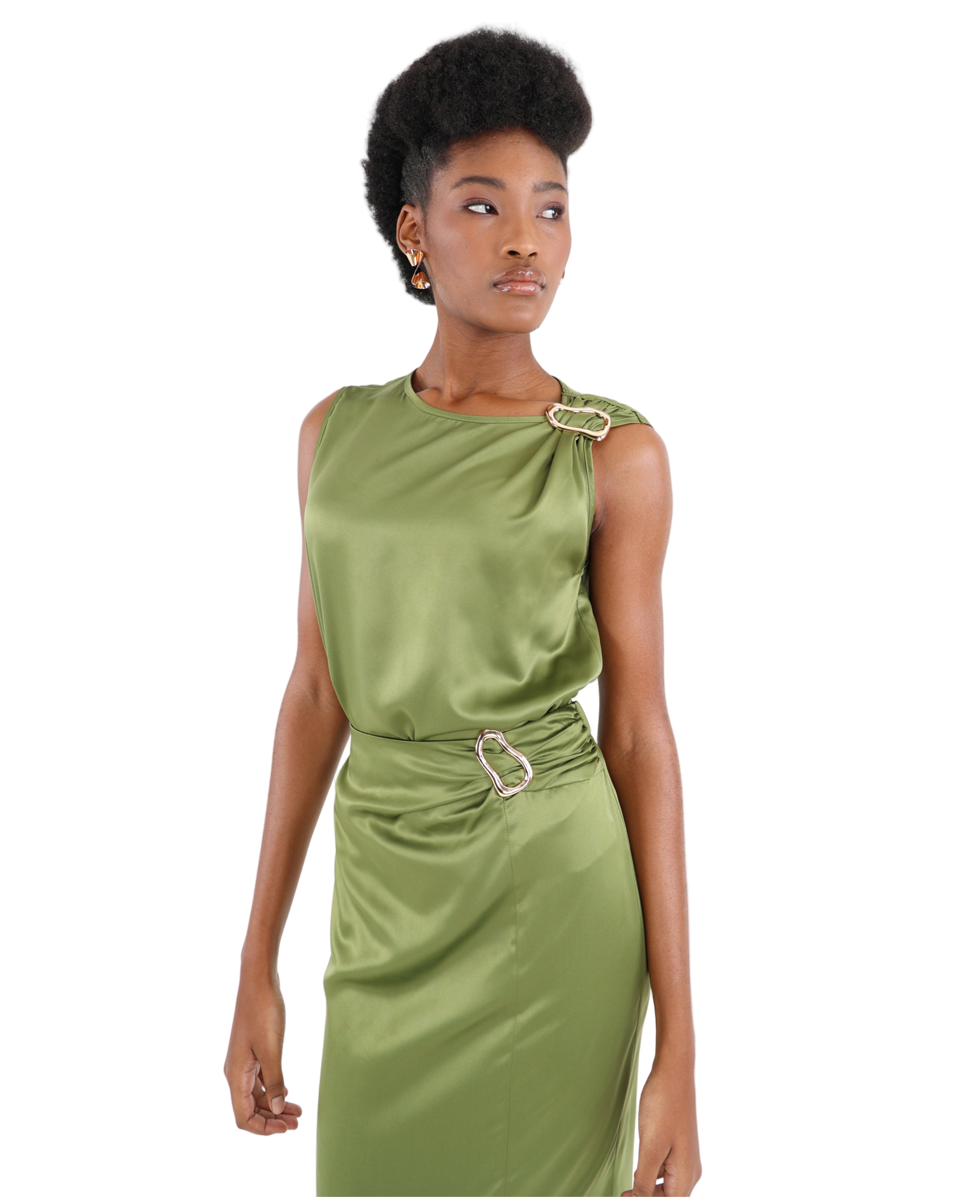 Olive Sleeveless Trim Detail Satin Blouse