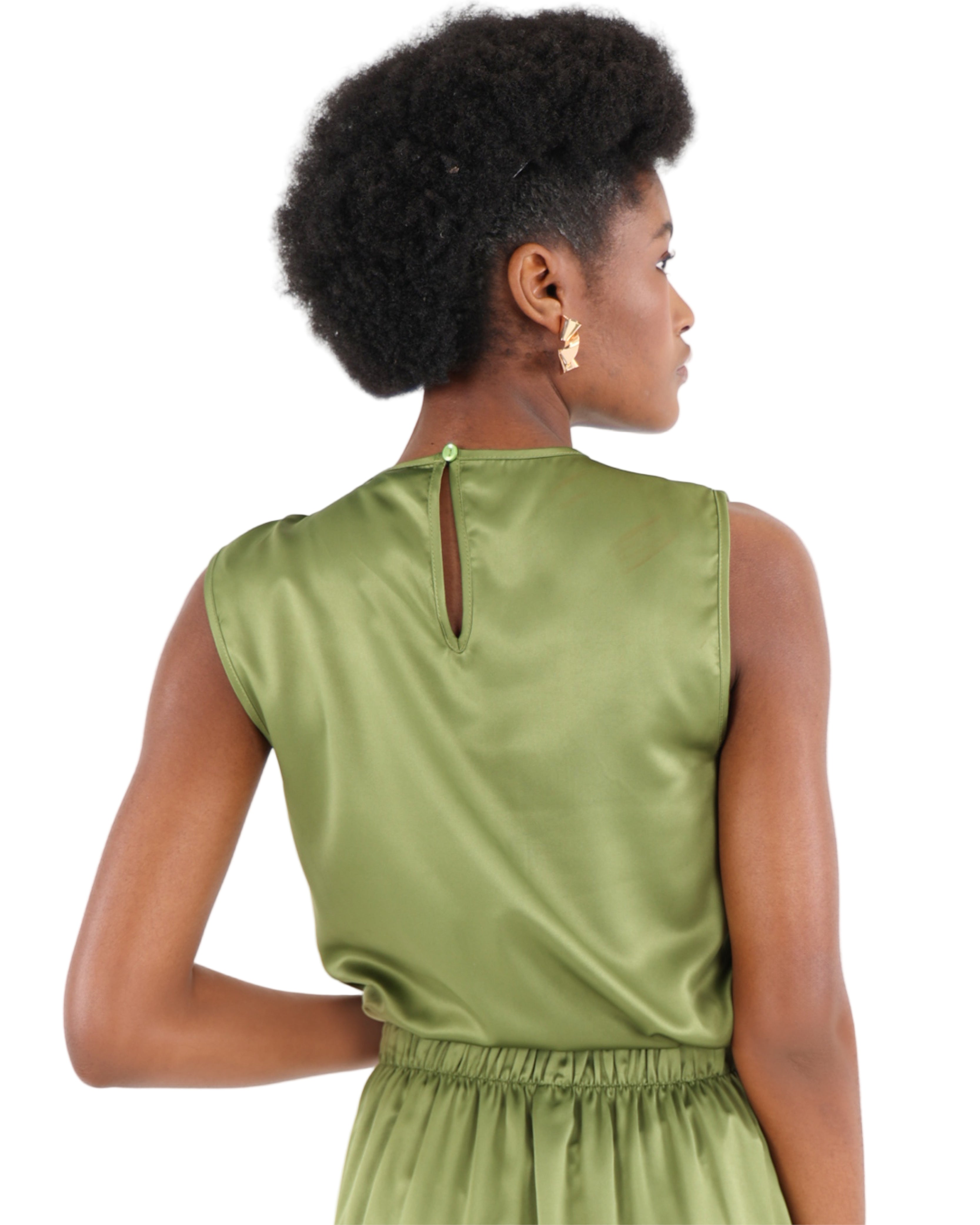 Olive Sleeveless Trim Detail Satin Blouse