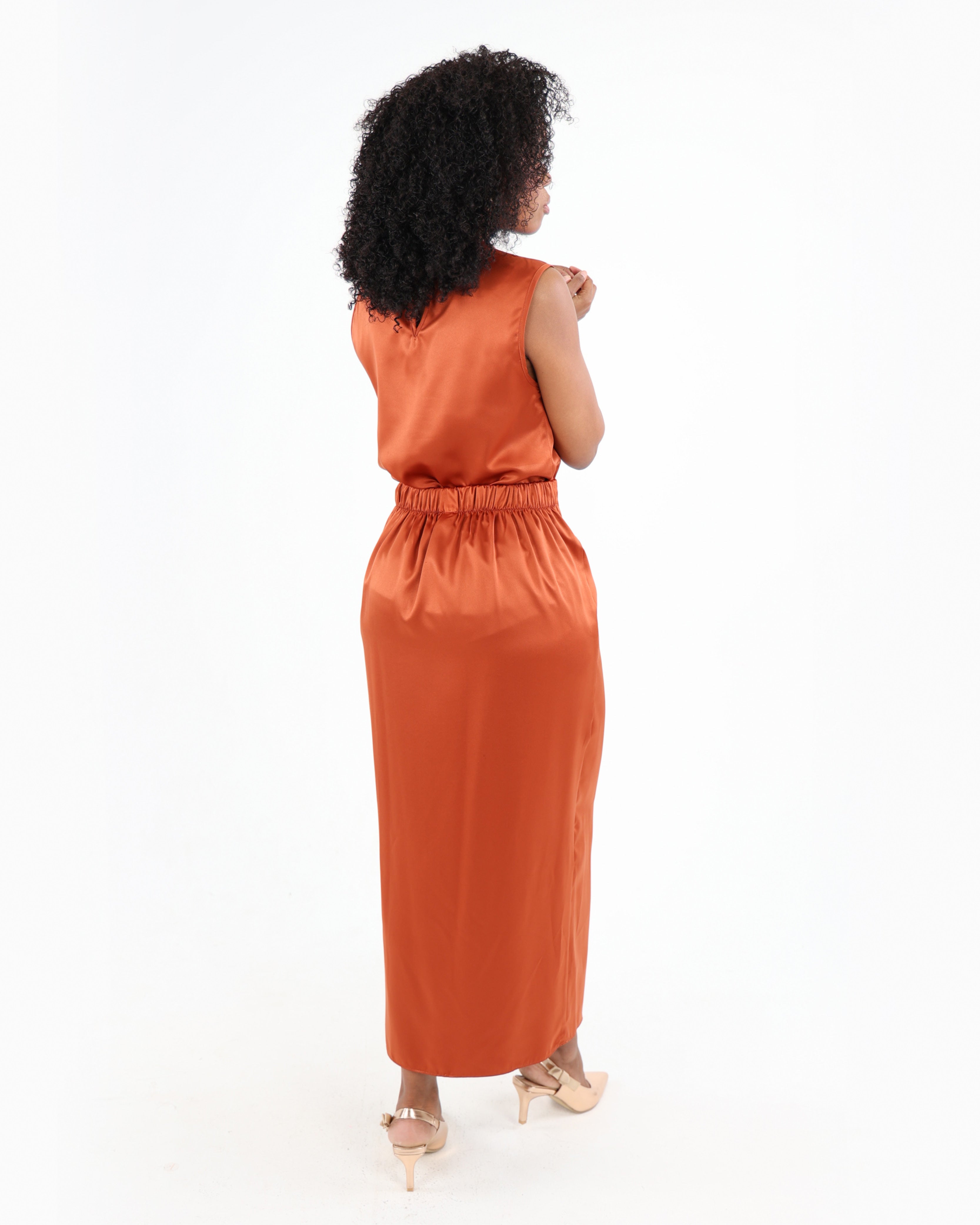 Rust Satin Midi Skirt with Trim Detail
