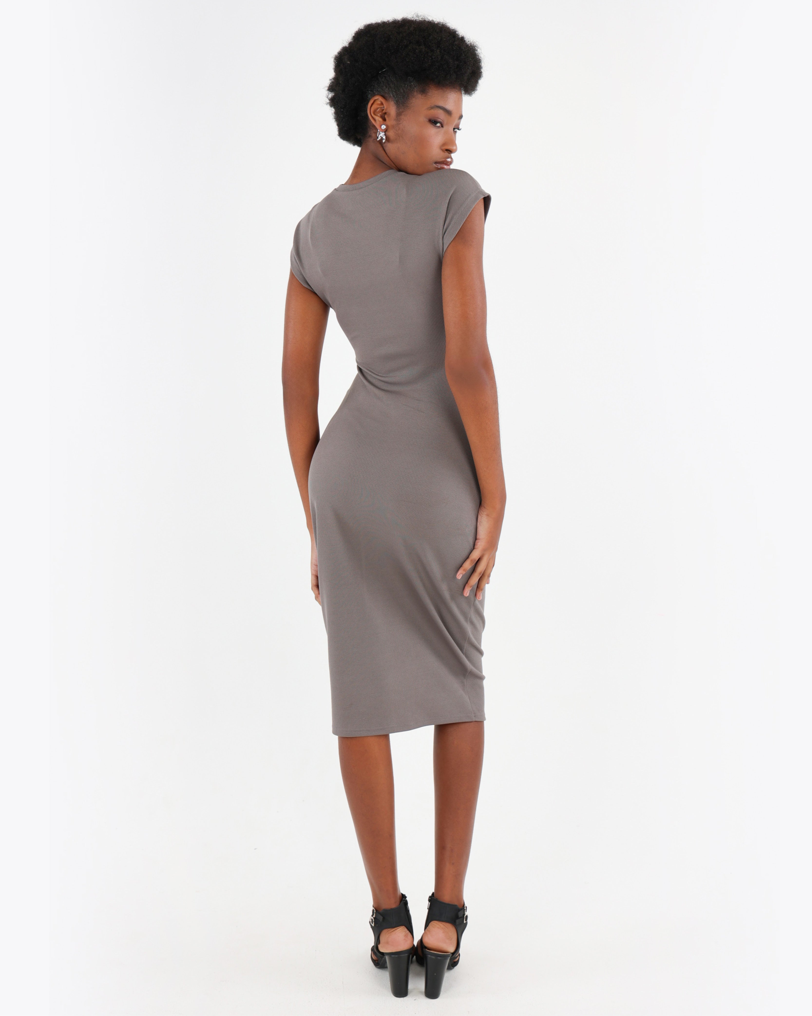 Grey Cap Sleeve Ribbed Bodycon Dress