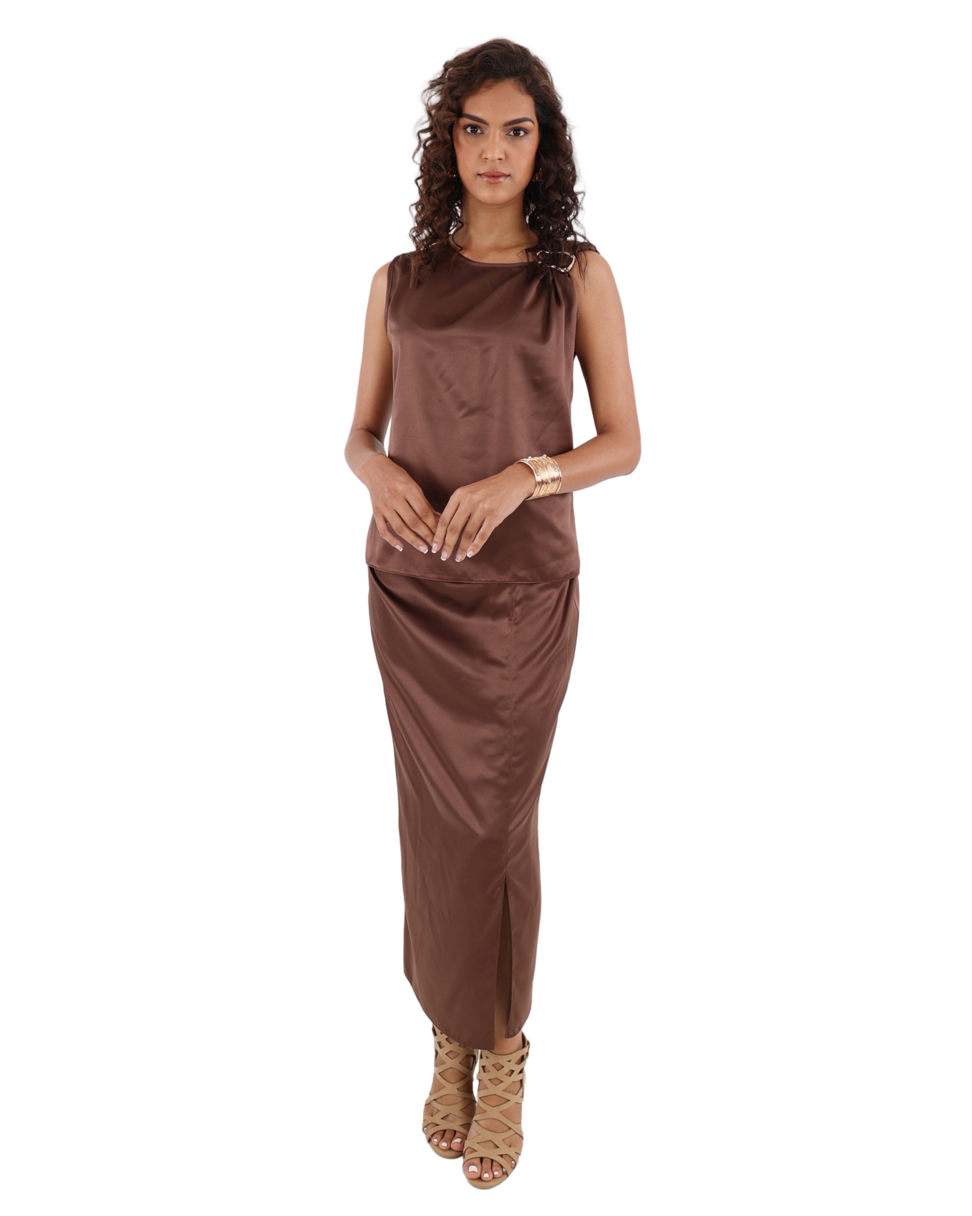 Chocolate Sleeveless Trim Detail Satin Blouse