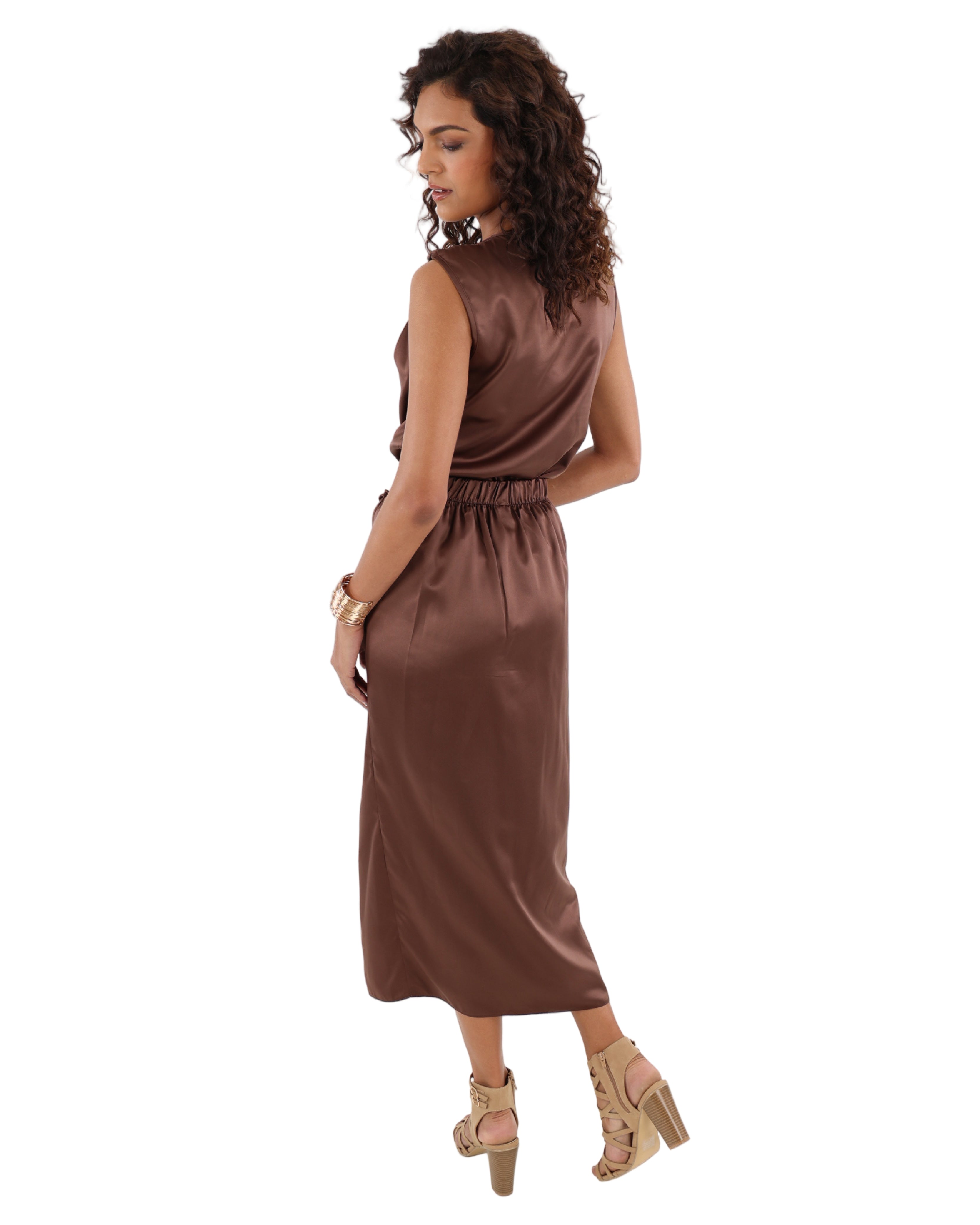 Chocolate Satin Midi Skirt with Trim Detail