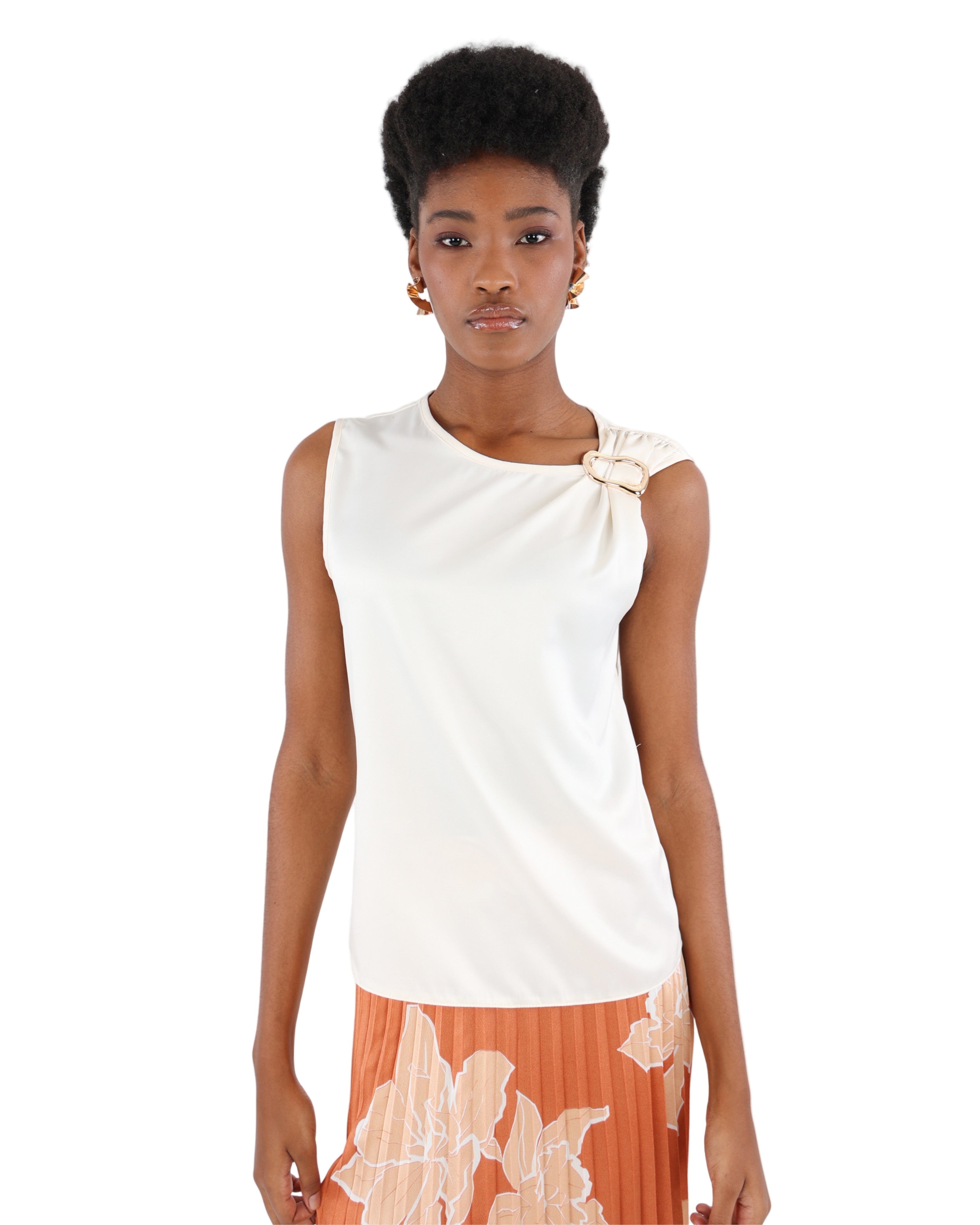 Cream Sleeveless Trim Detail Satin Blouse