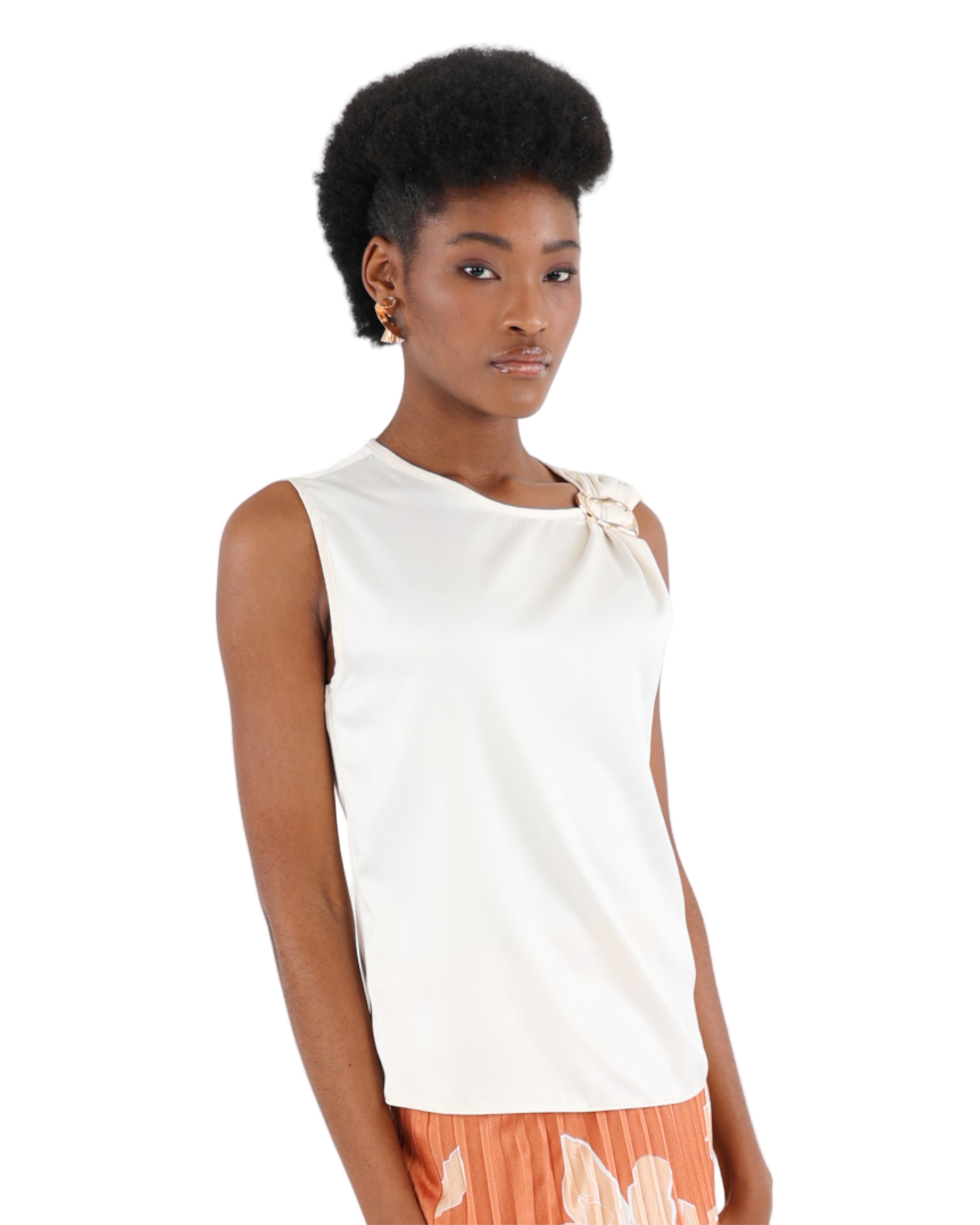 Cream Sleeveless Trim Detail Satin Blouse