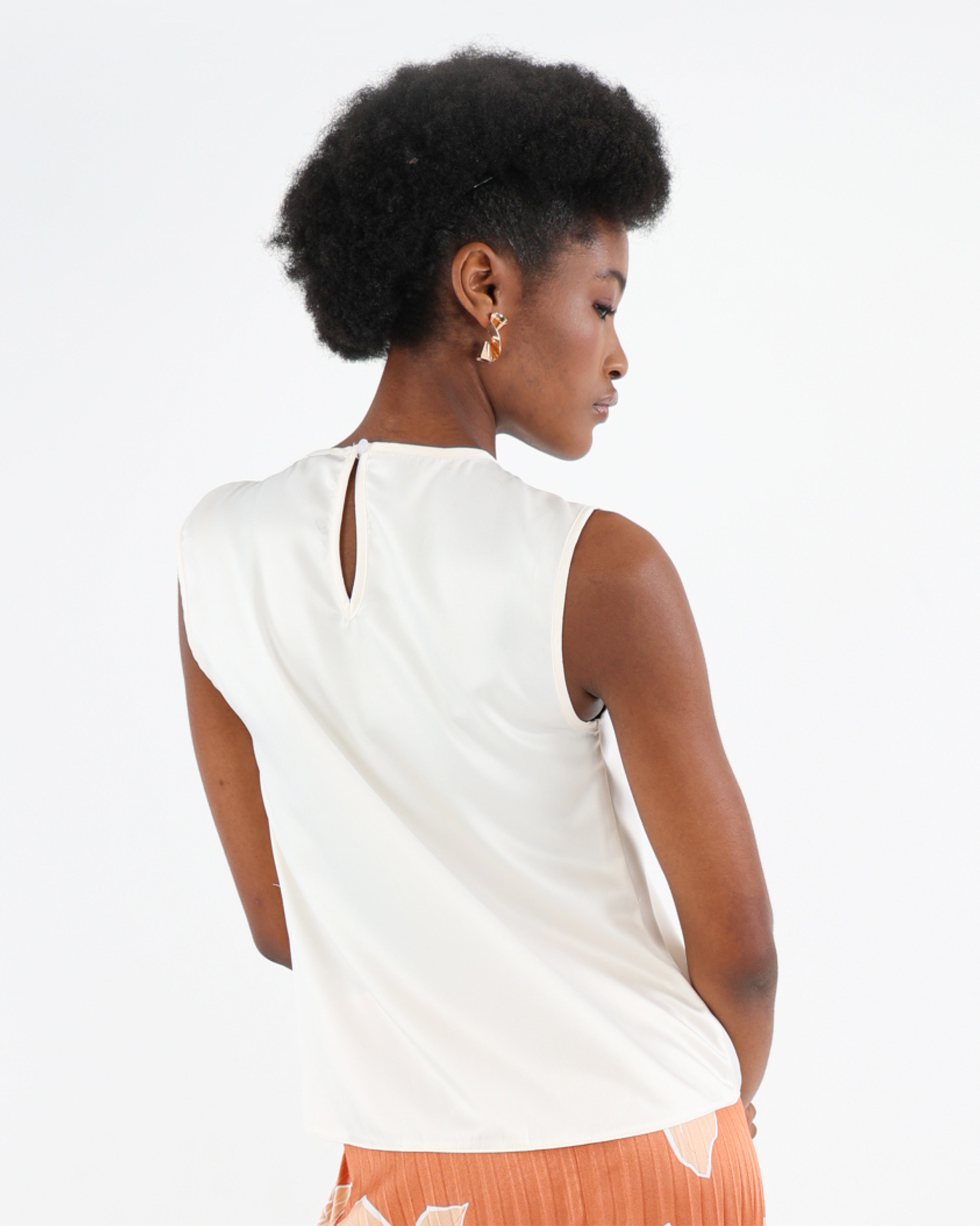 Cream Sleeveless Trim Detail Satin Blouse
