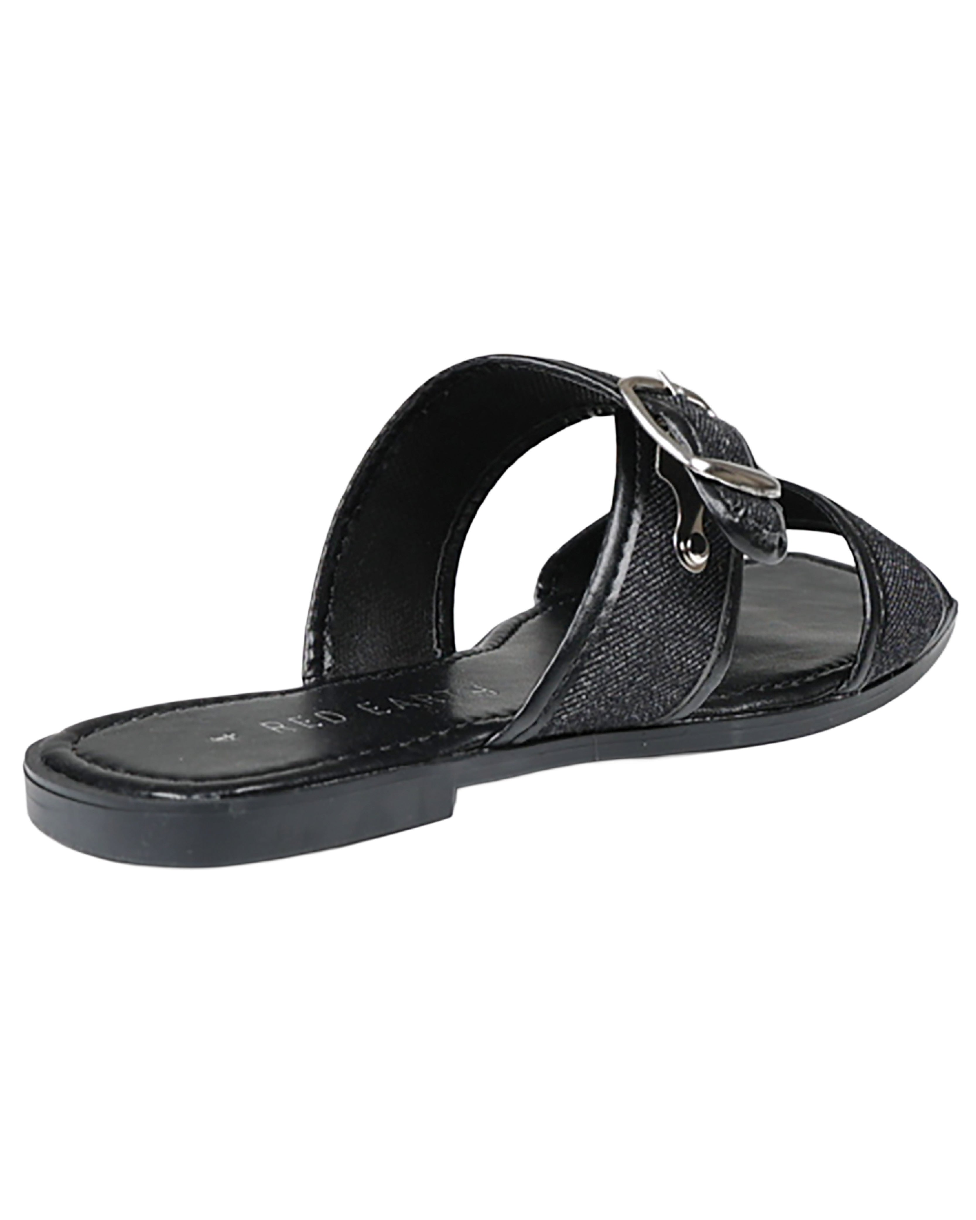 Black Denim Buckle Detail Mule
