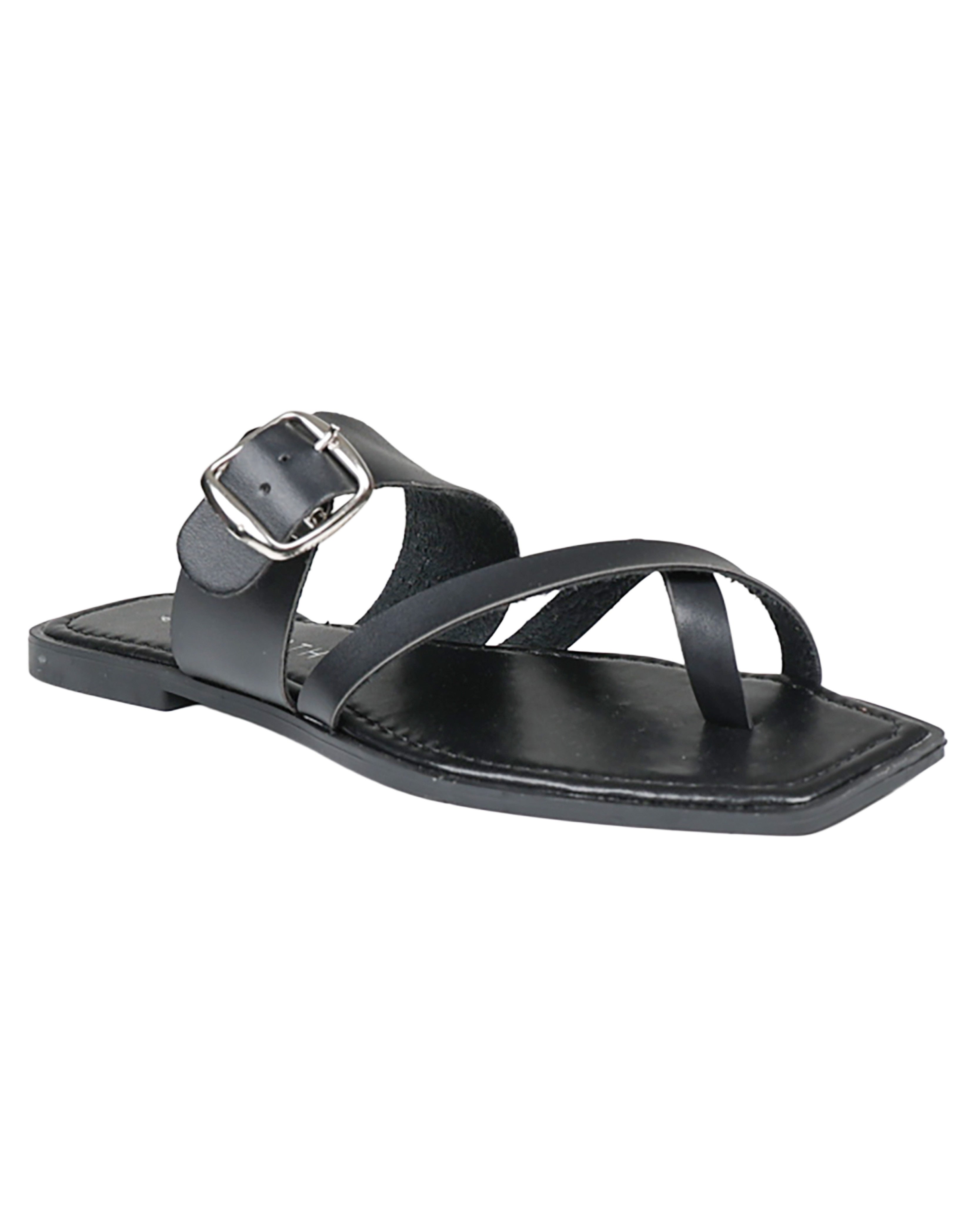 Black Buckle Strap Thong Sandals