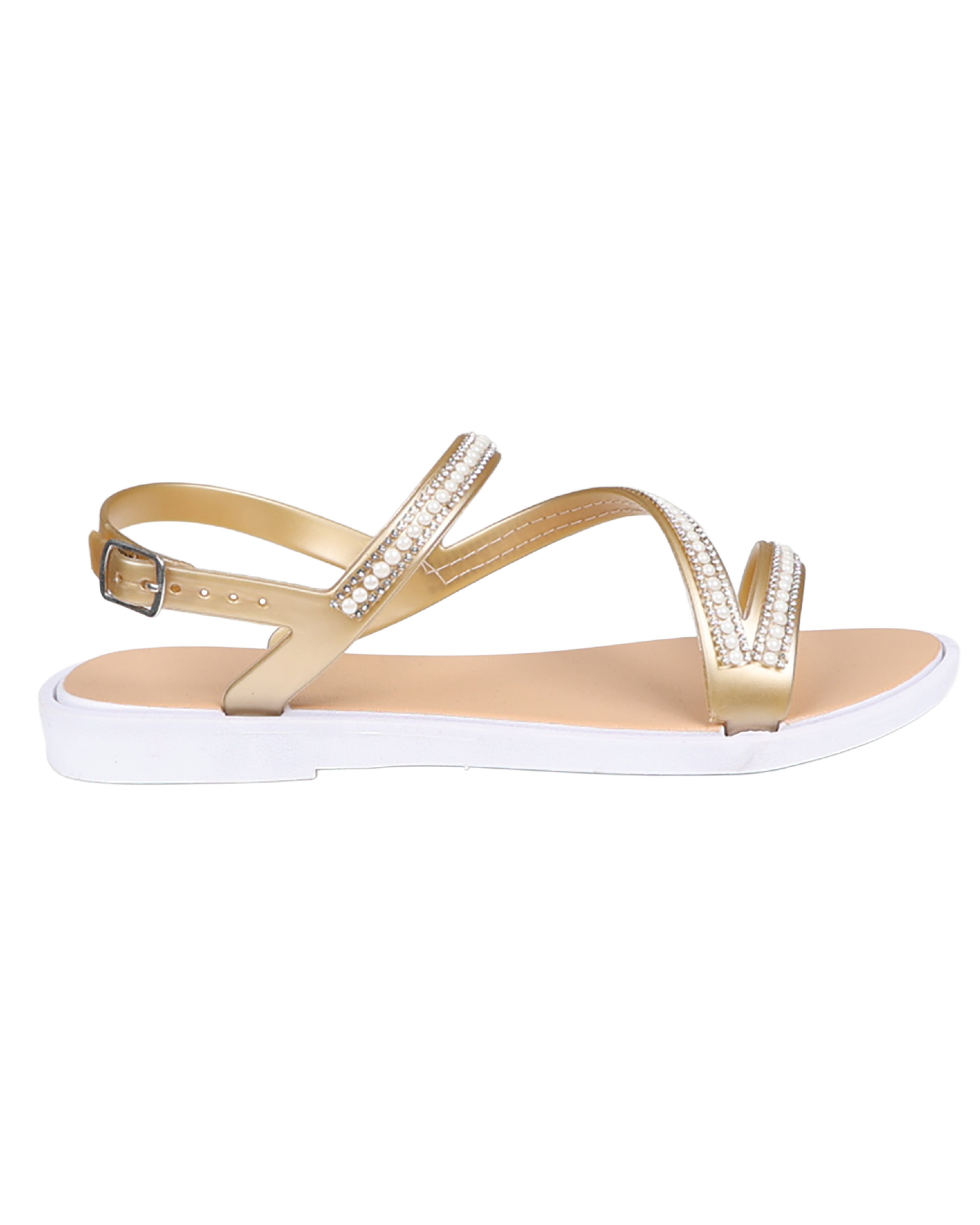 Gold Asymmetrical Pearl Embellished Resort Sandals