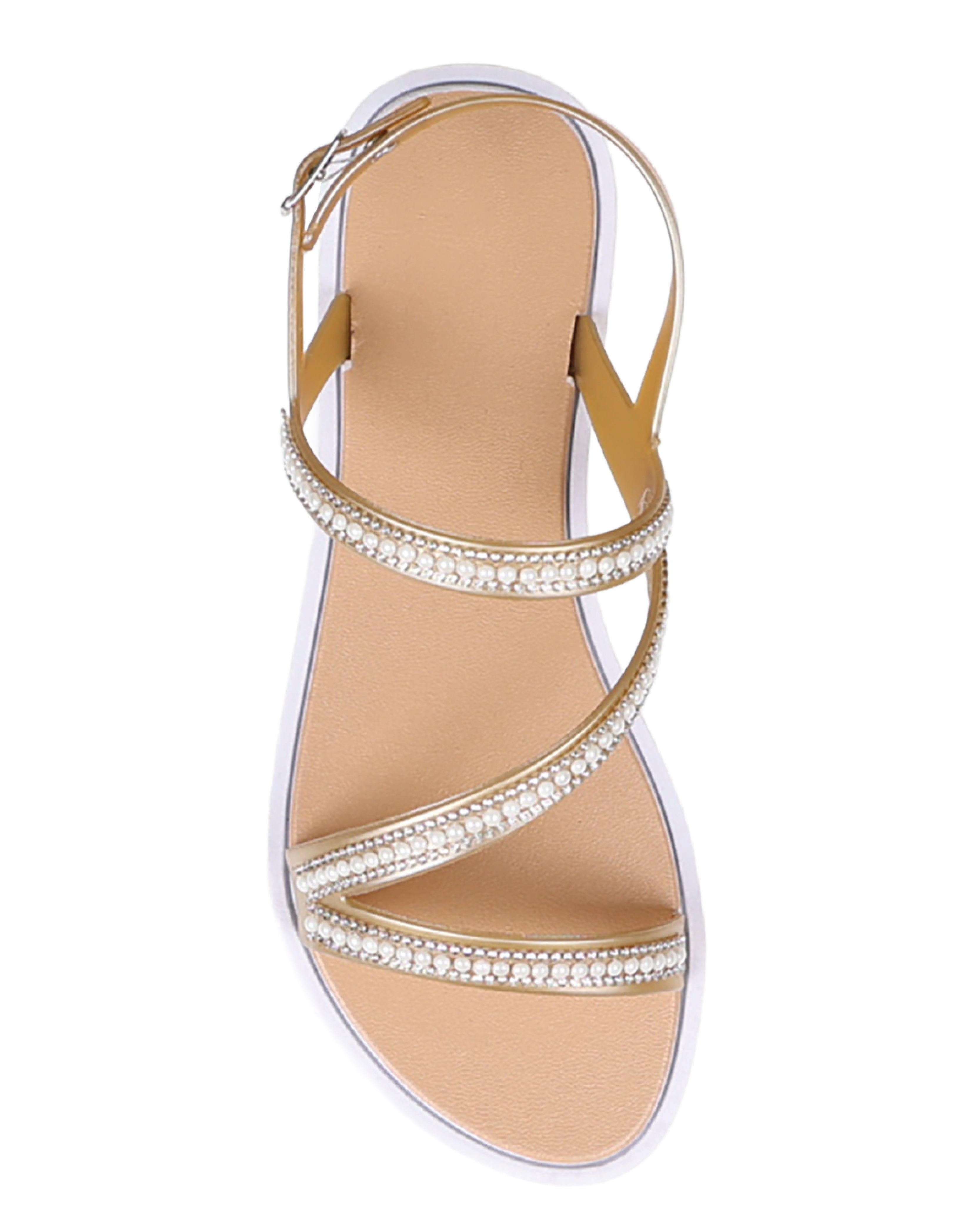 Gold Asymmetrical Pearl Embellished Resort Sandals