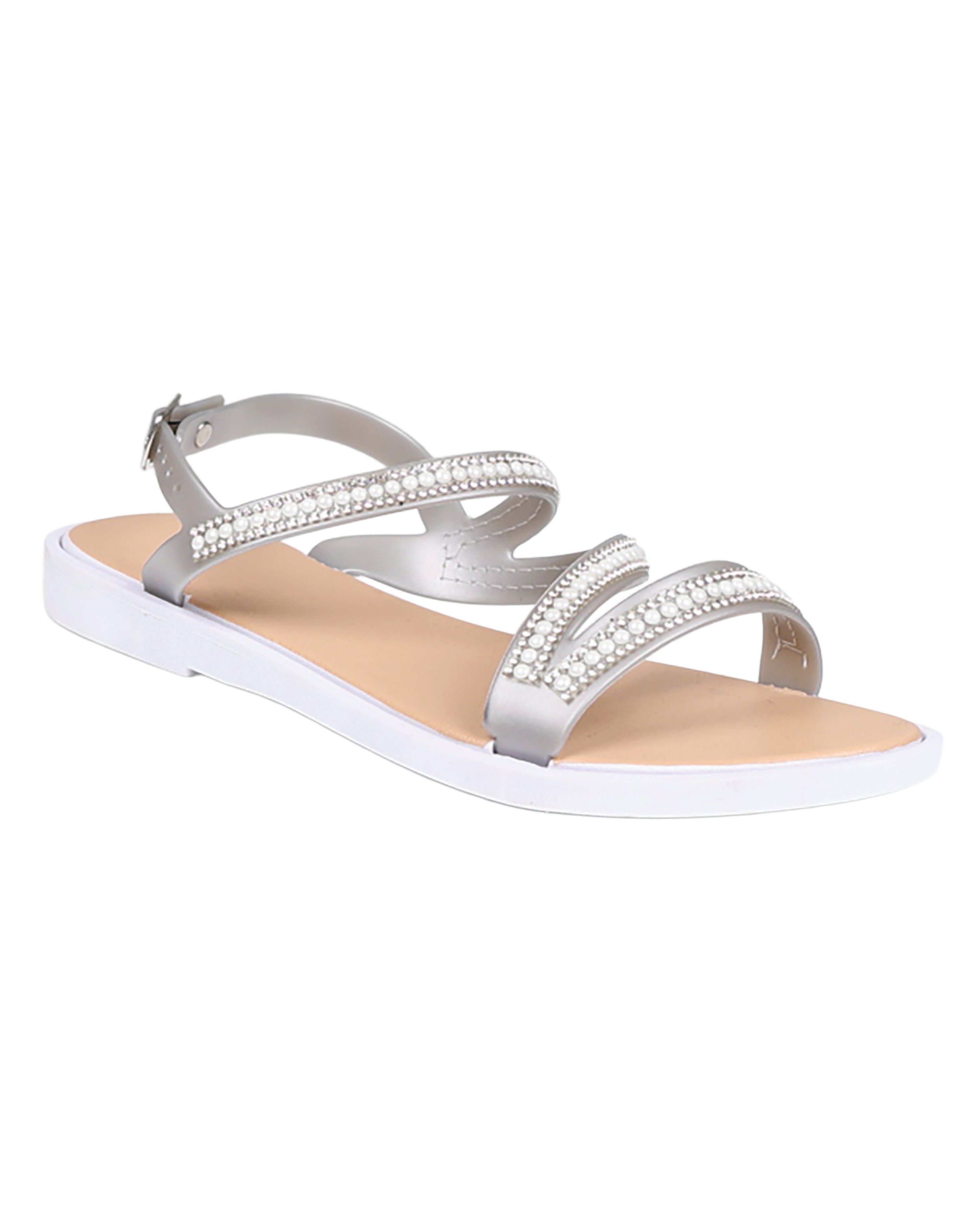 Silver Asymmetrical Pearl Embellished Resort Sandals