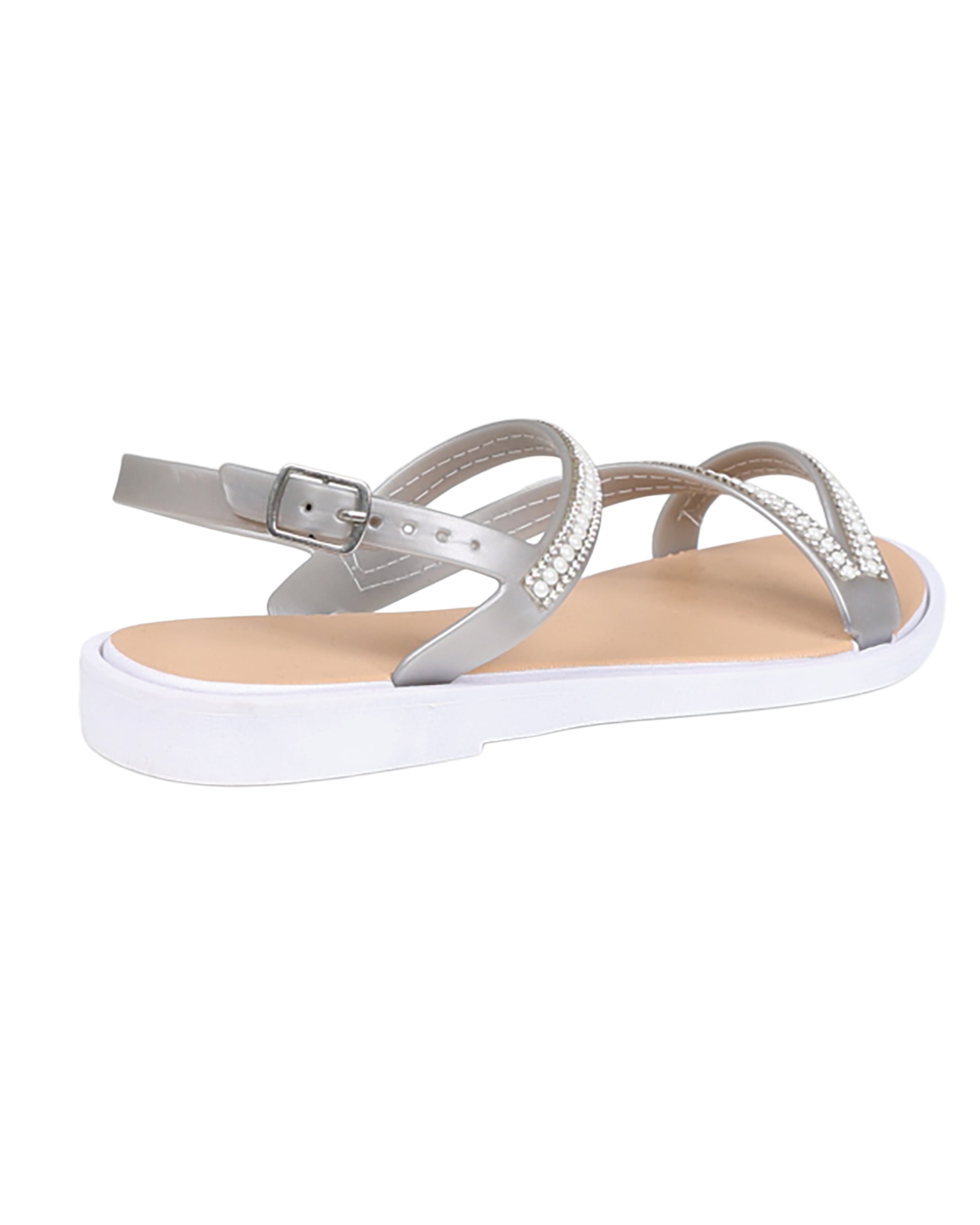 Silver Asymmetrical Pearl Embellished Resort Sandals