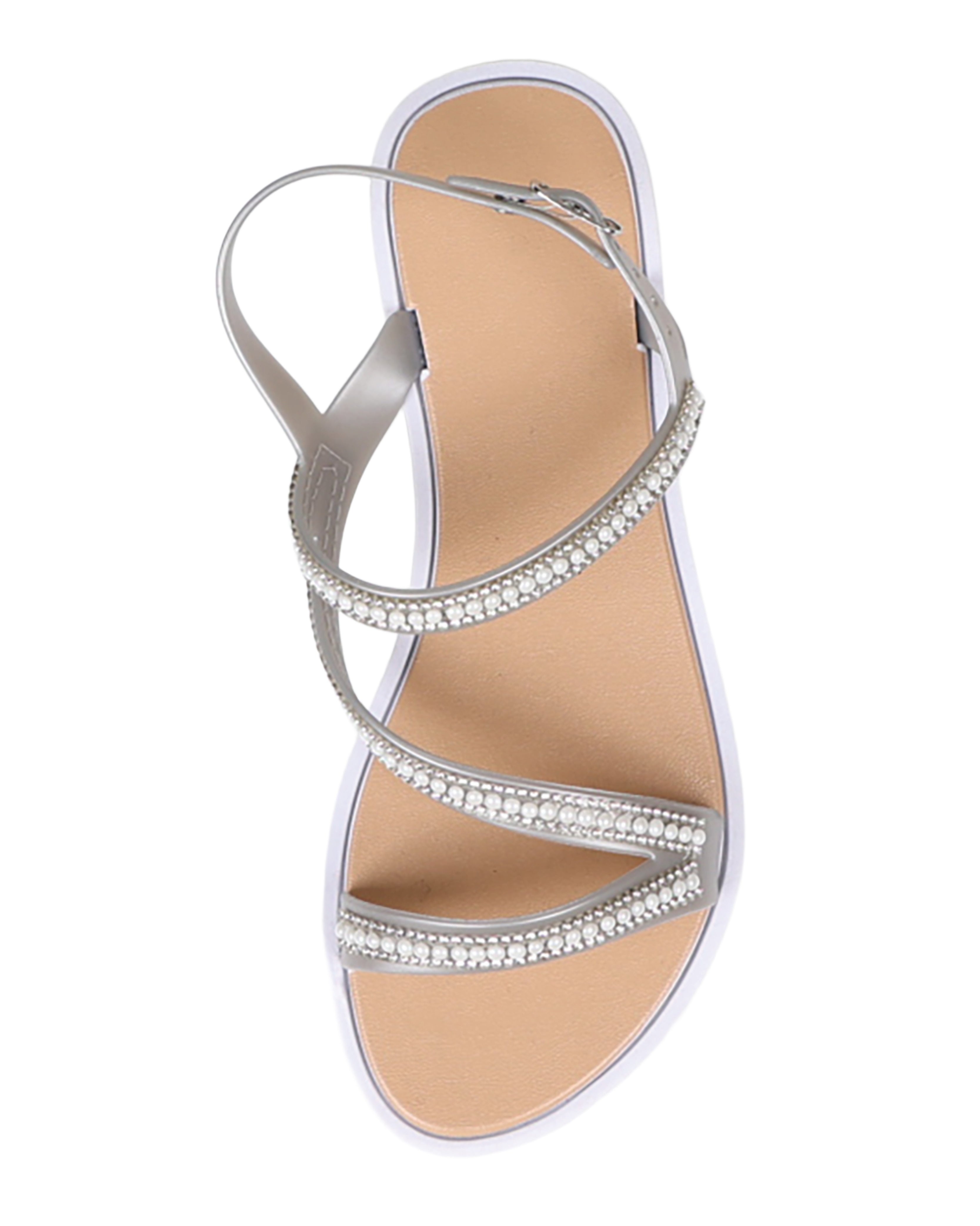 Silver Asymmetrical Pearl Embellished Resort Sandals