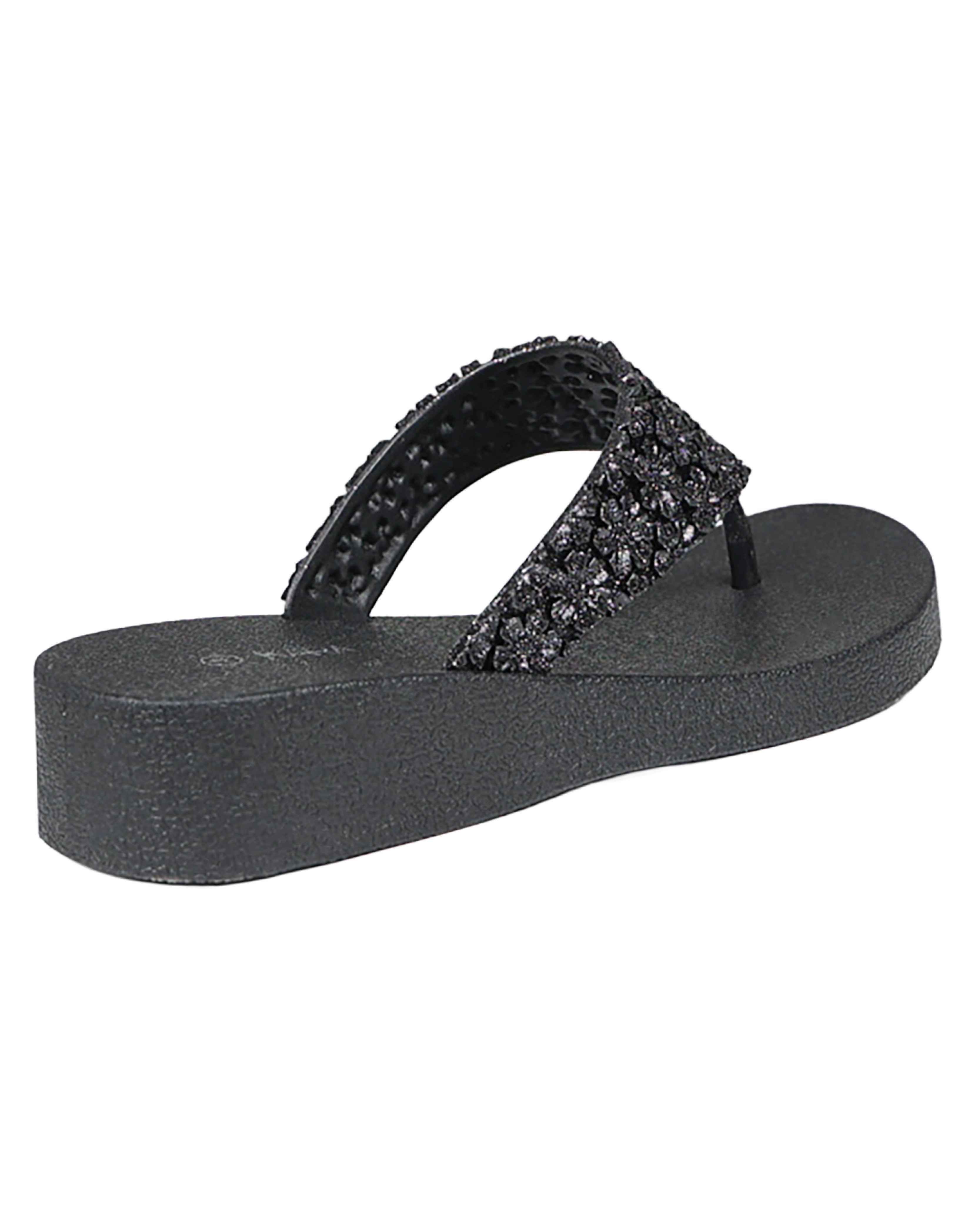 Black Daisy Glitter Detail Jelly Wedge
