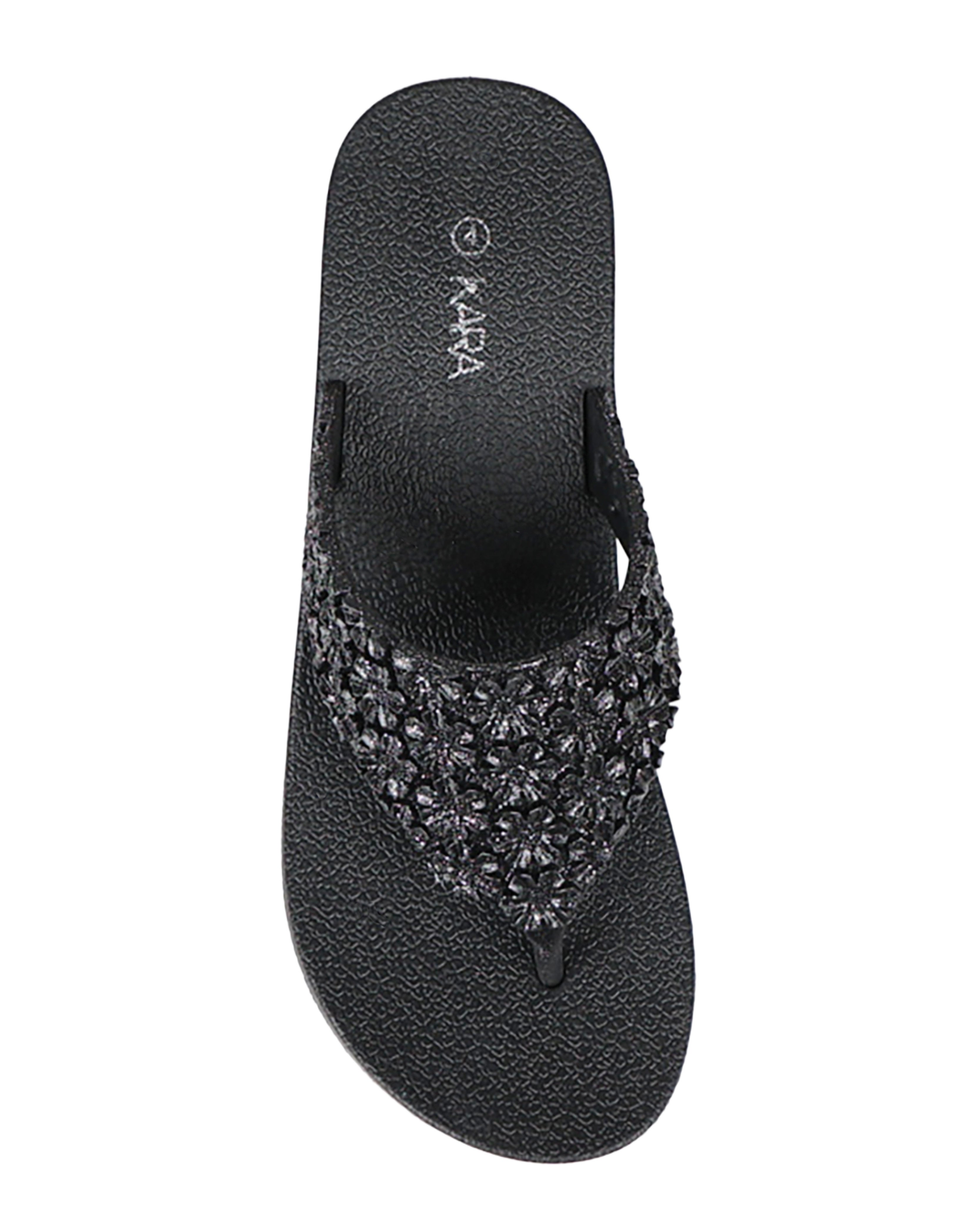 Black Daisy Glitter Detail Jelly Wedge