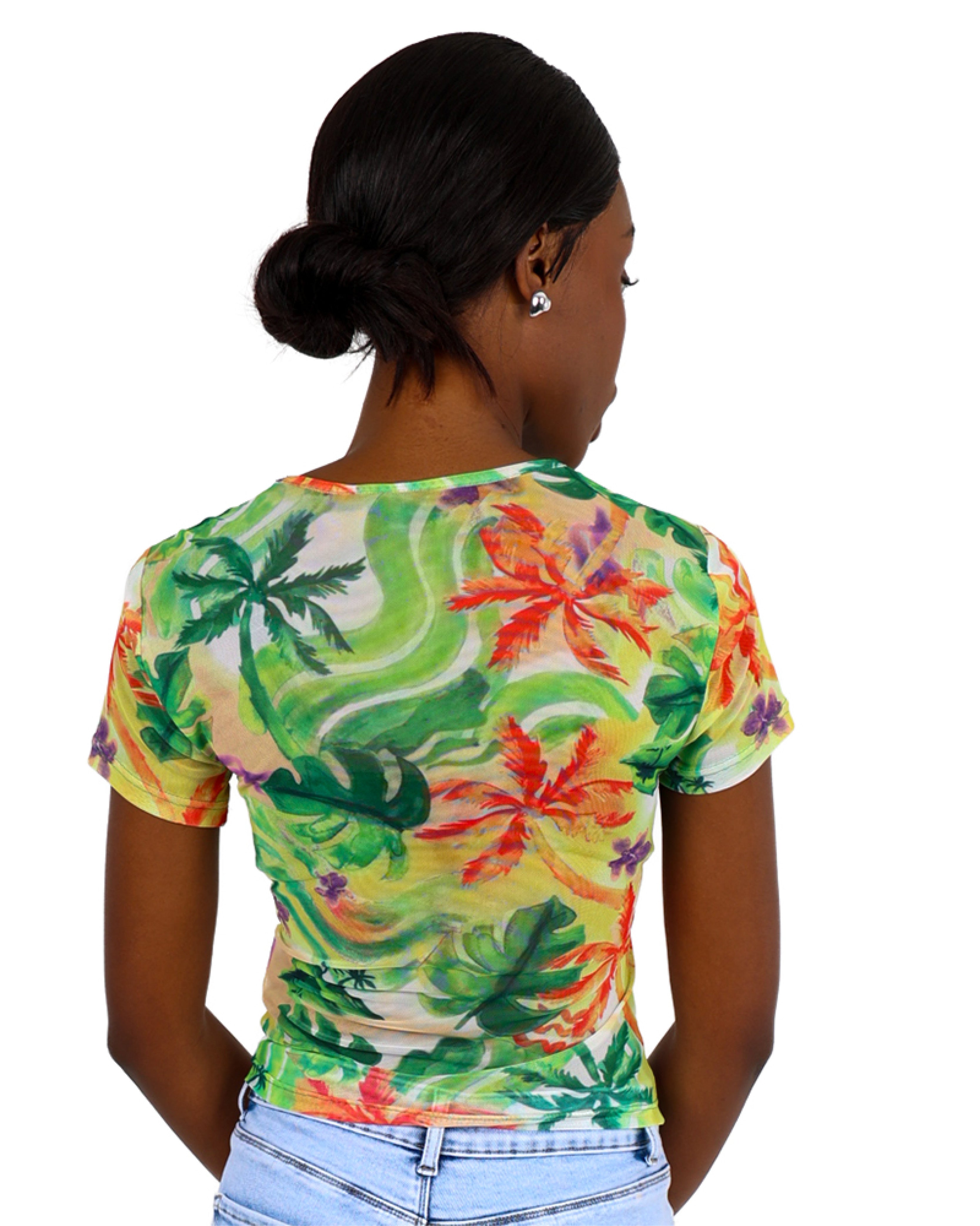 Short Sleeve Tropical Print Mesh Top