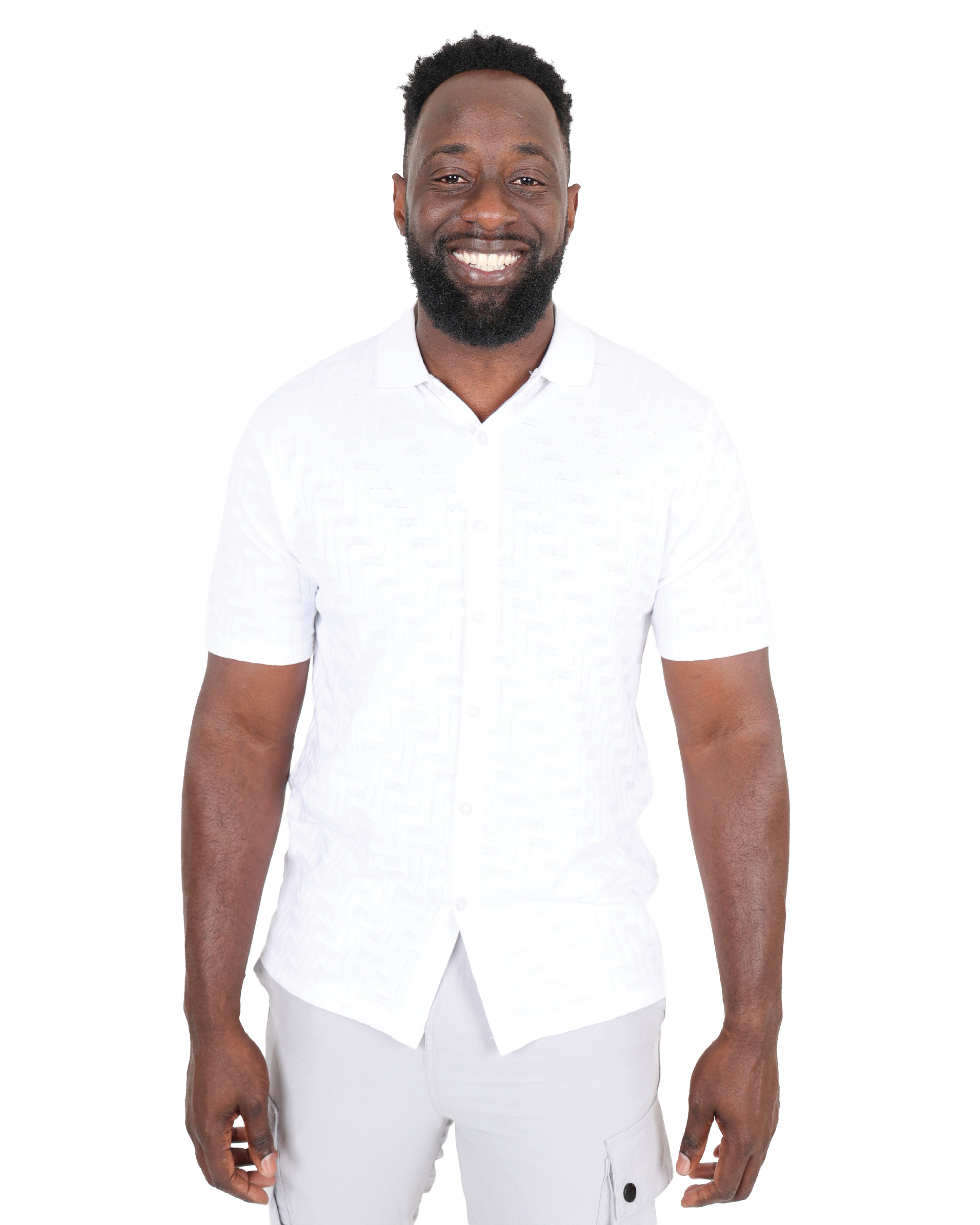 White Short Sleeve Button Through Jacquard Golfer