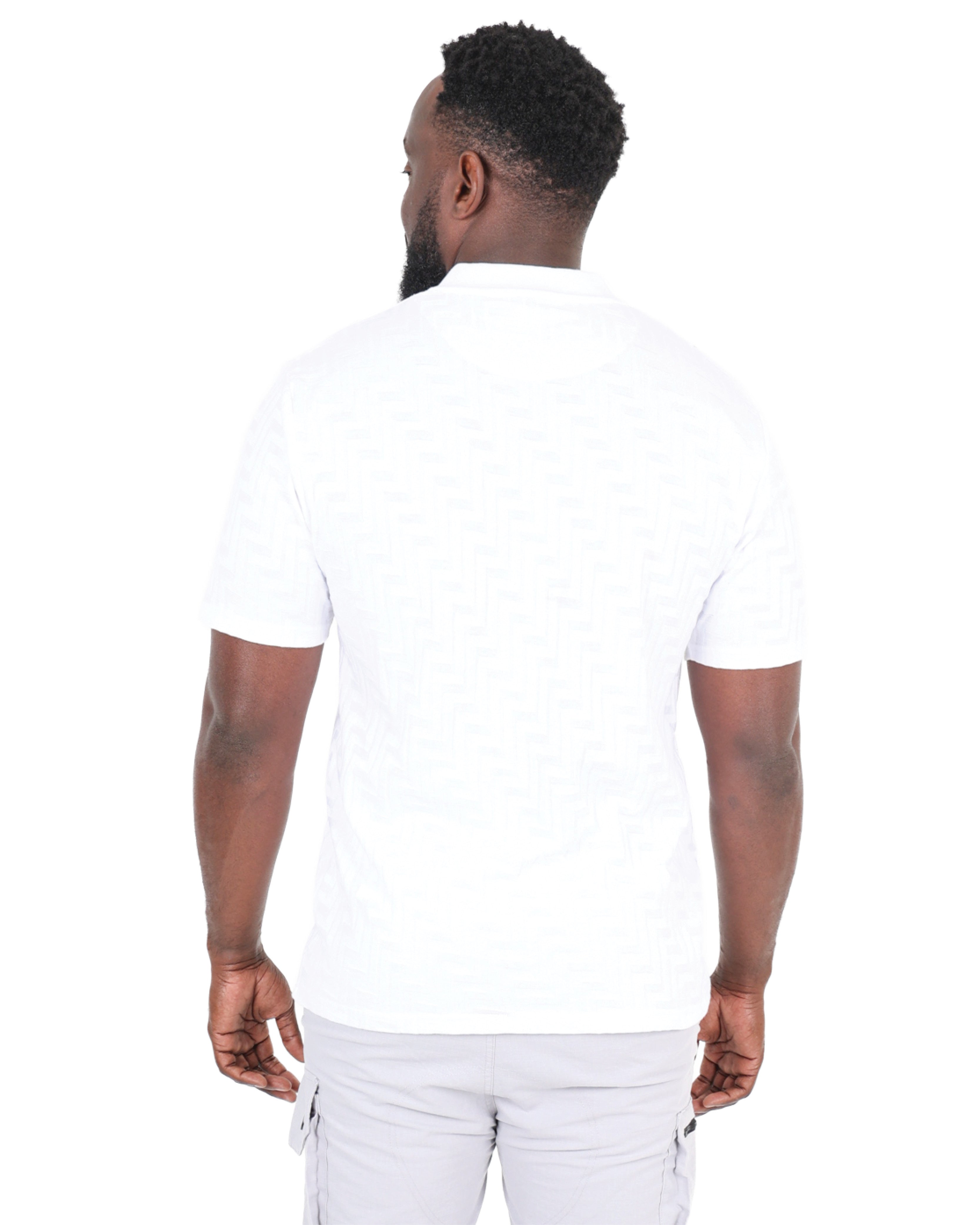 White Short Sleeve Button Through Jacquard Golfer