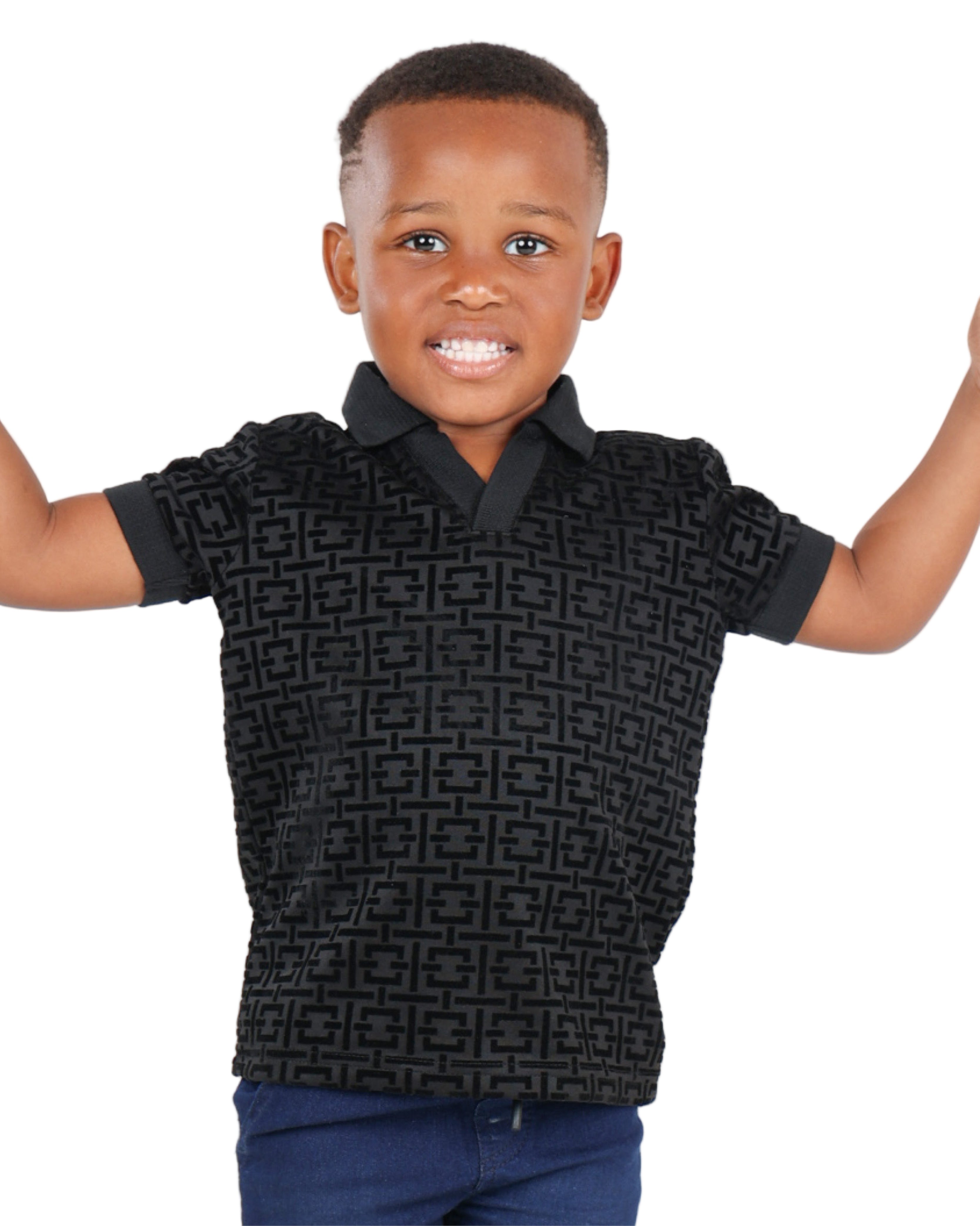 Short Sleeve Geometric Flock Print Johnny Collar T-Shirt