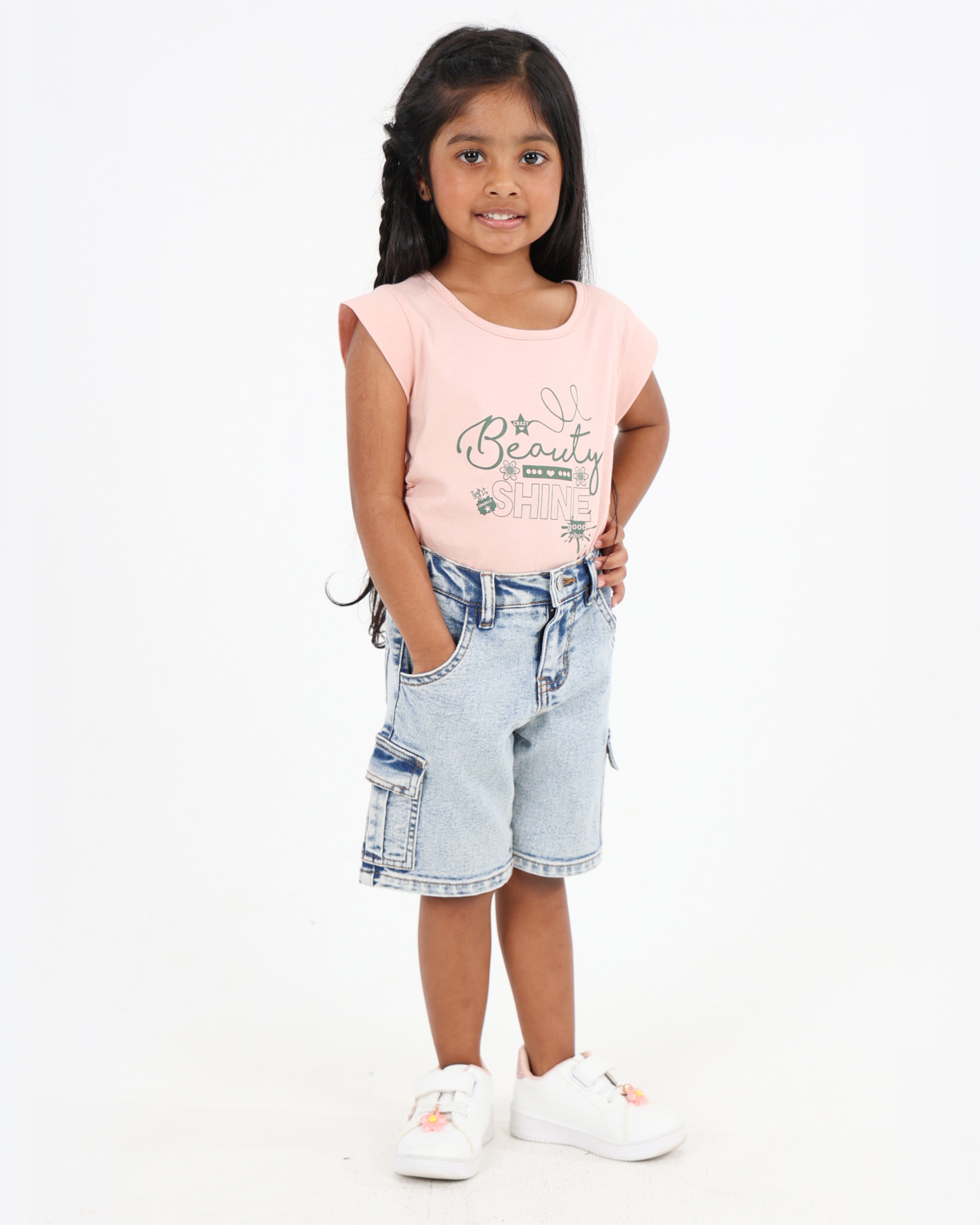 Snow Wash Denim Cargo Stretch Bermuda Short