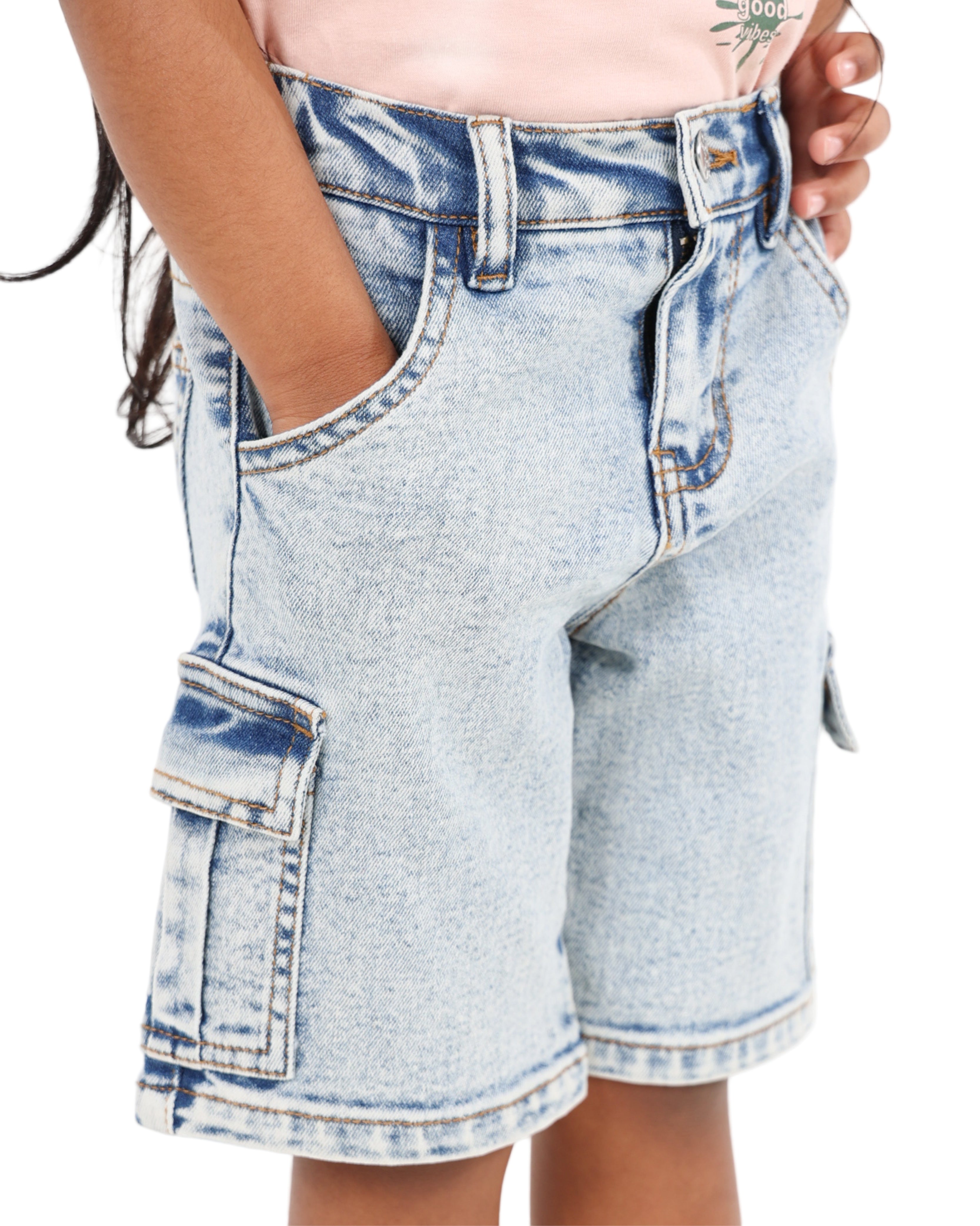 Snow Wash Denim Cargo Stretch Bermuda Short