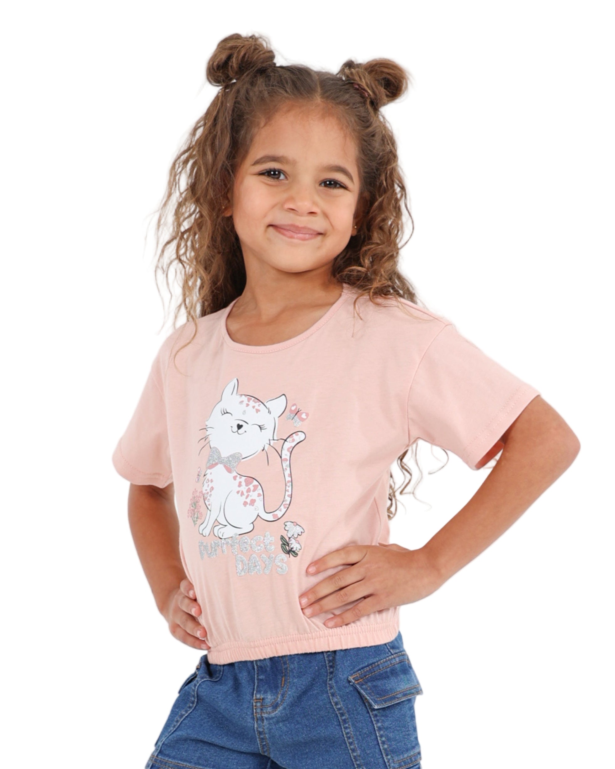 Short Sleeve Elasticated Hem Cat Graphic T-Shirt