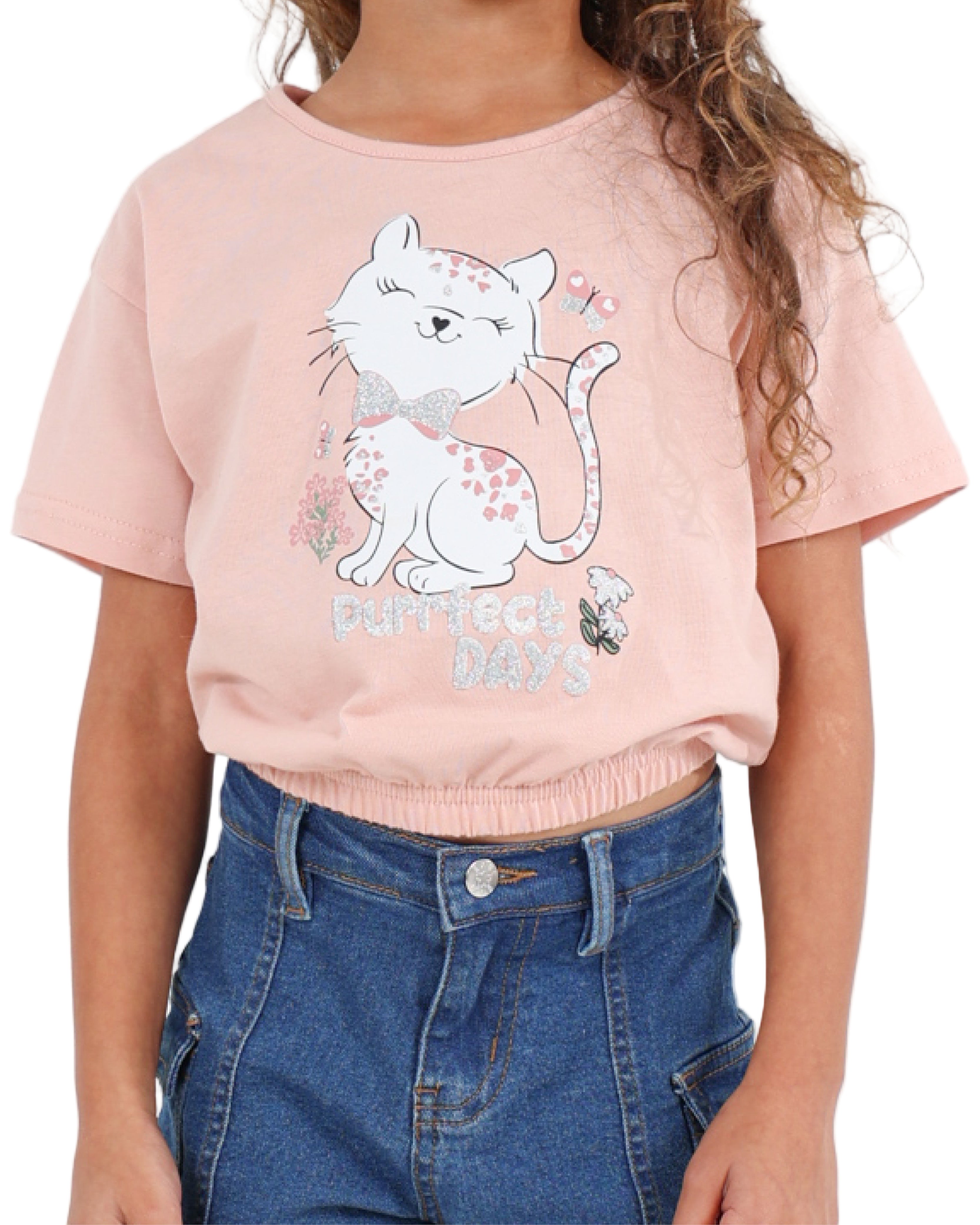 Short Sleeve Elasticated Hem Cat Graphic T-Shirt