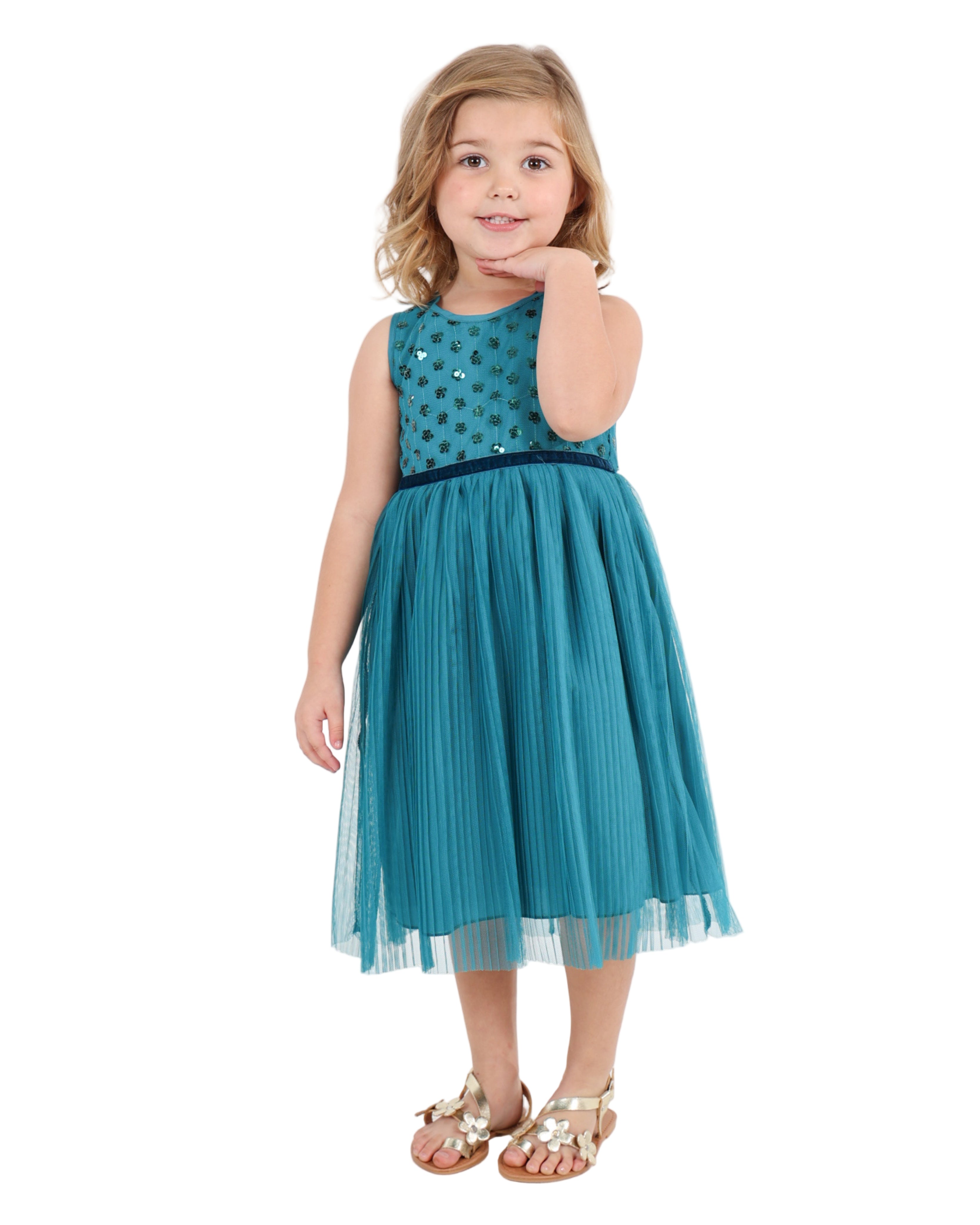 Short Sleeve Sequin Bodice Dress With Pleated Skirt