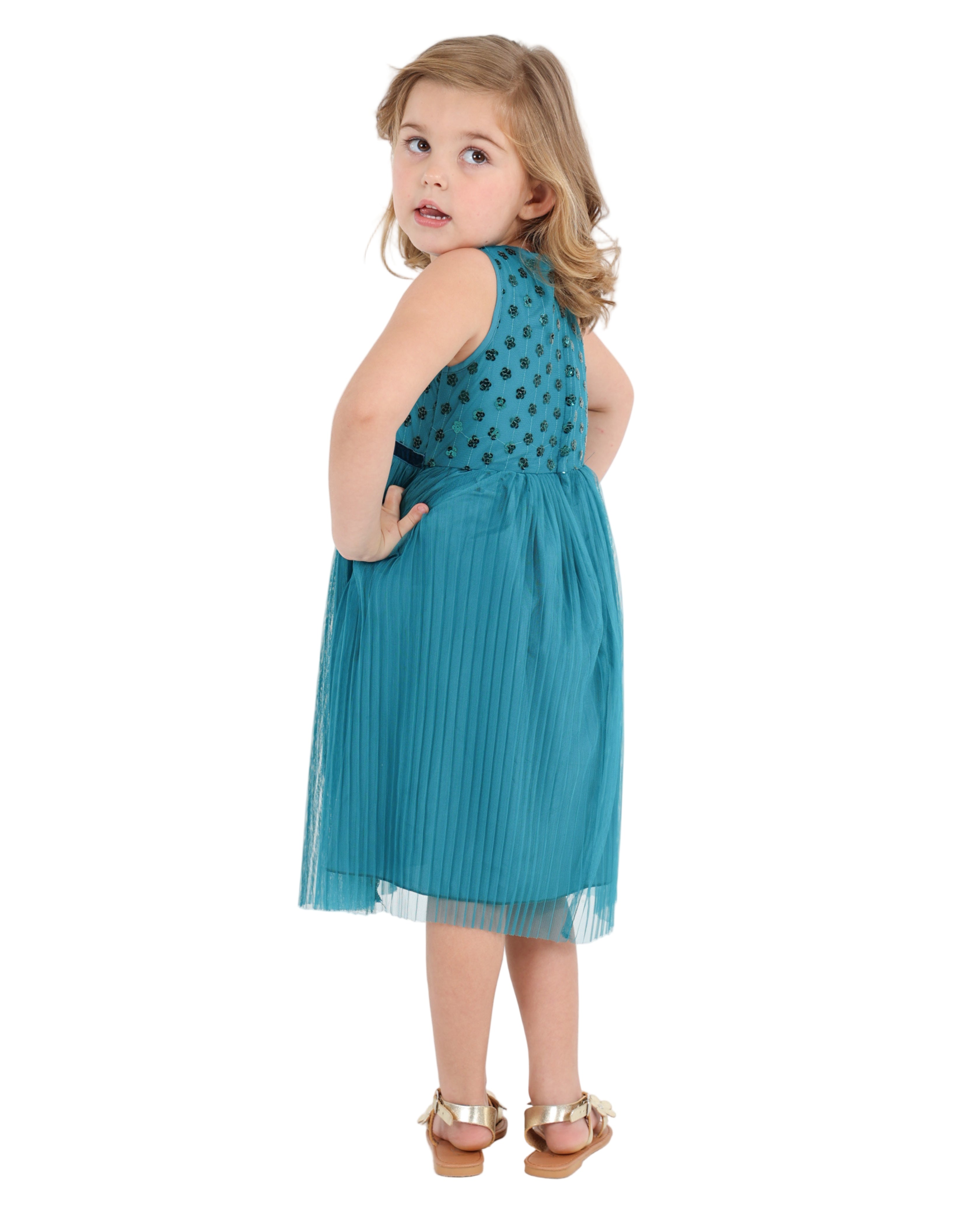 Short Sleeve Sequin Bodice Dress With Pleated Skirt