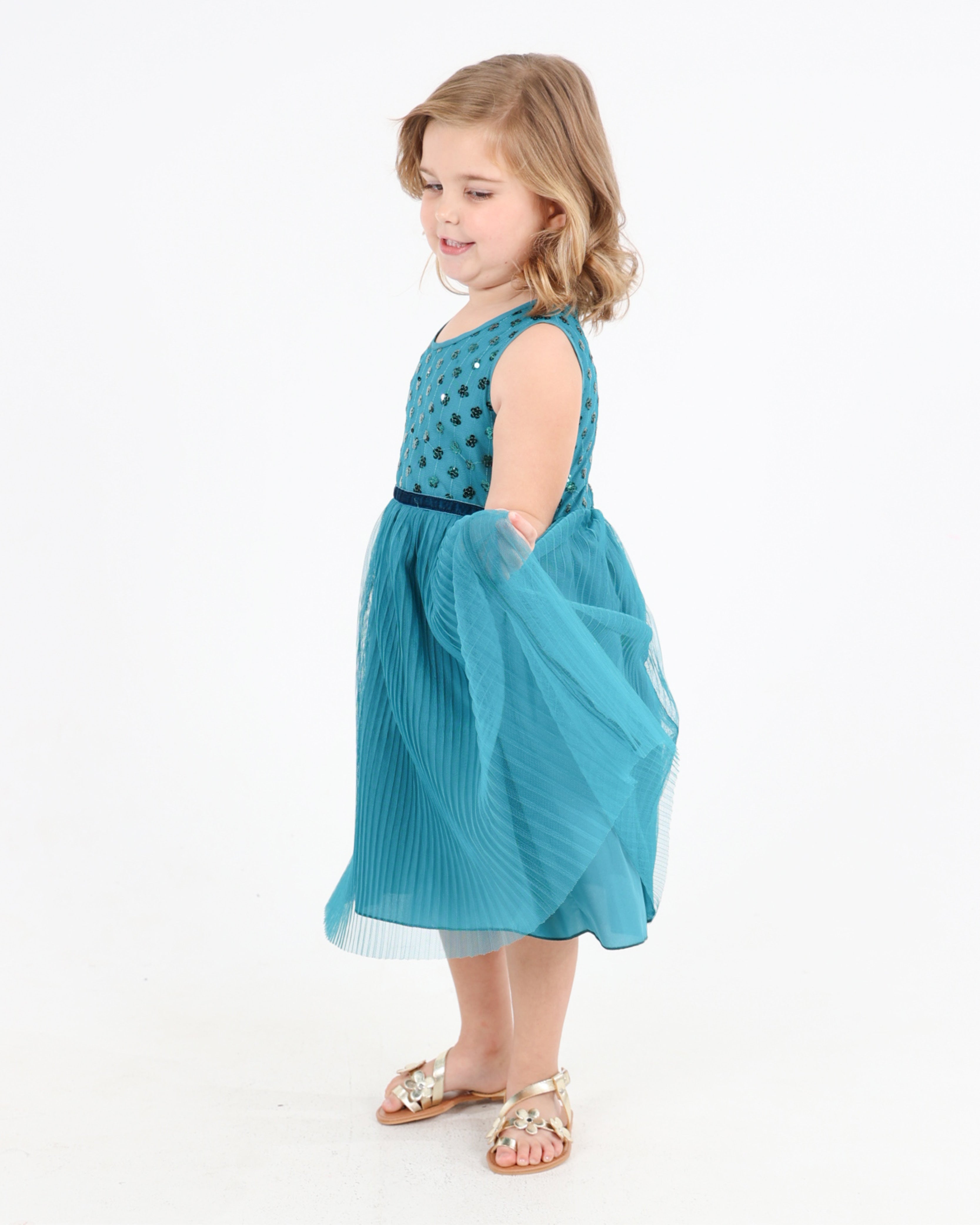 Short Sleeve Sequin Bodice Dress With Pleated Skirt