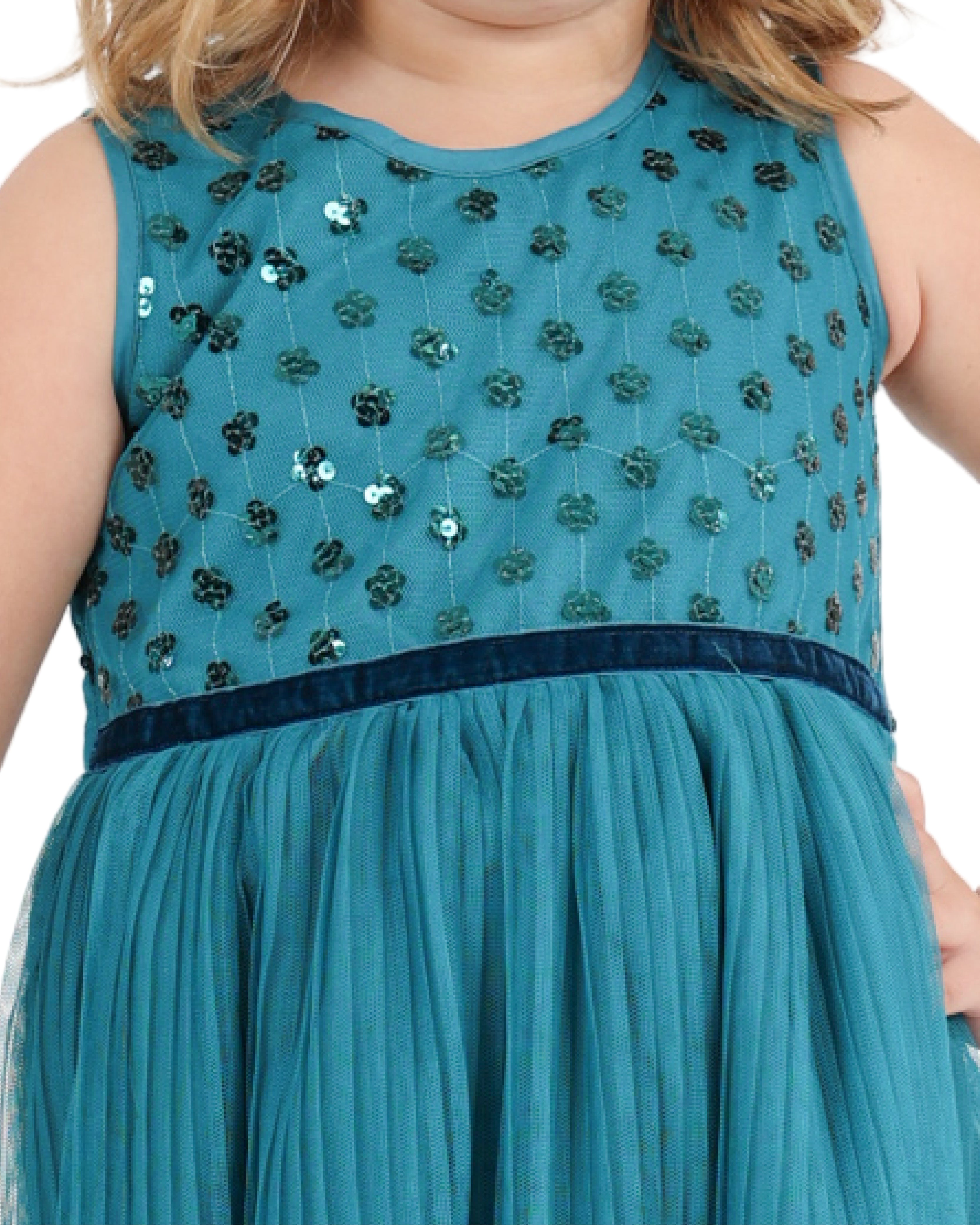 Short Sleeve Sequin Bodice Dress With Pleated Skirt