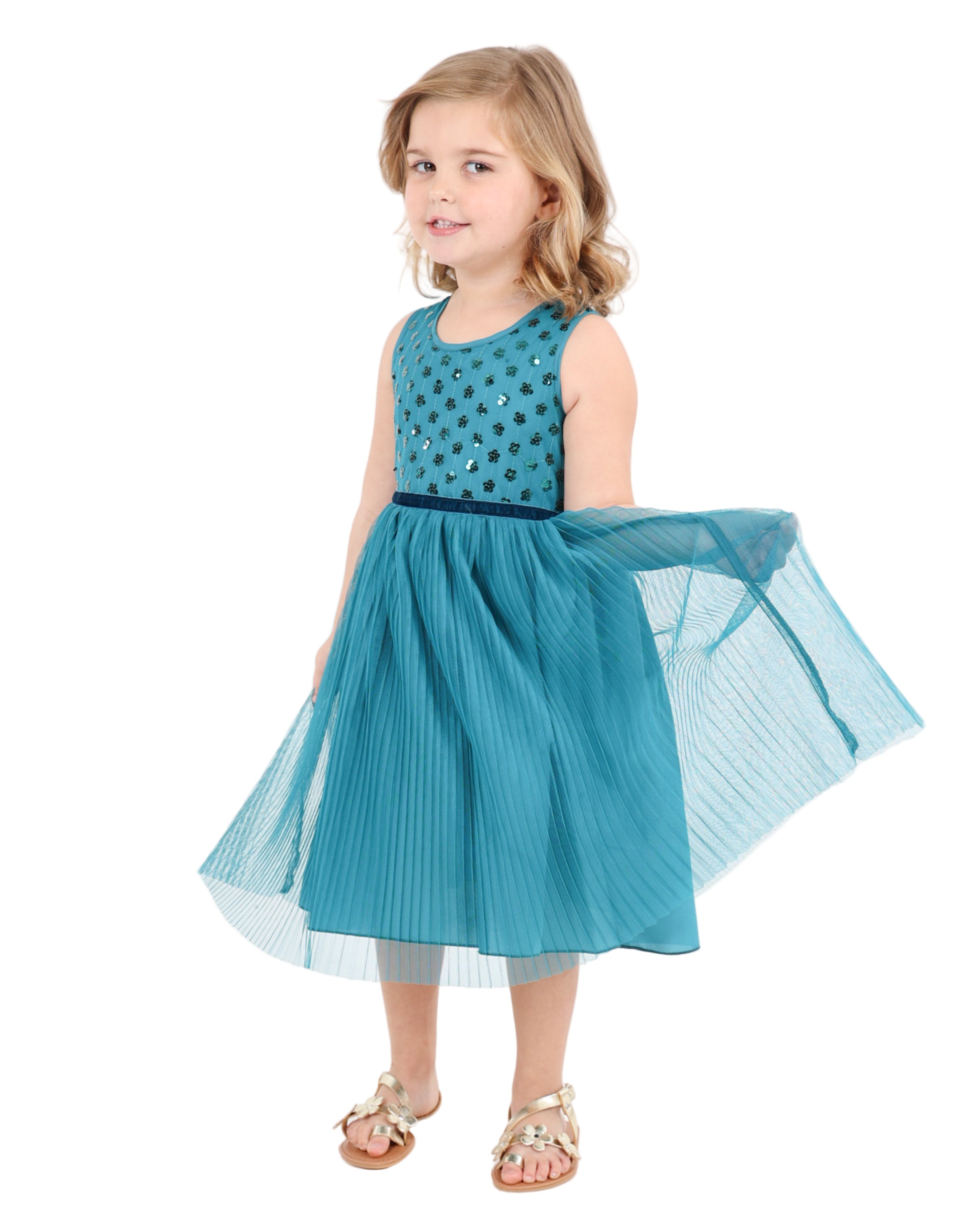 Short Sleeve Sequin Bodice Dress With Pleated Skirt