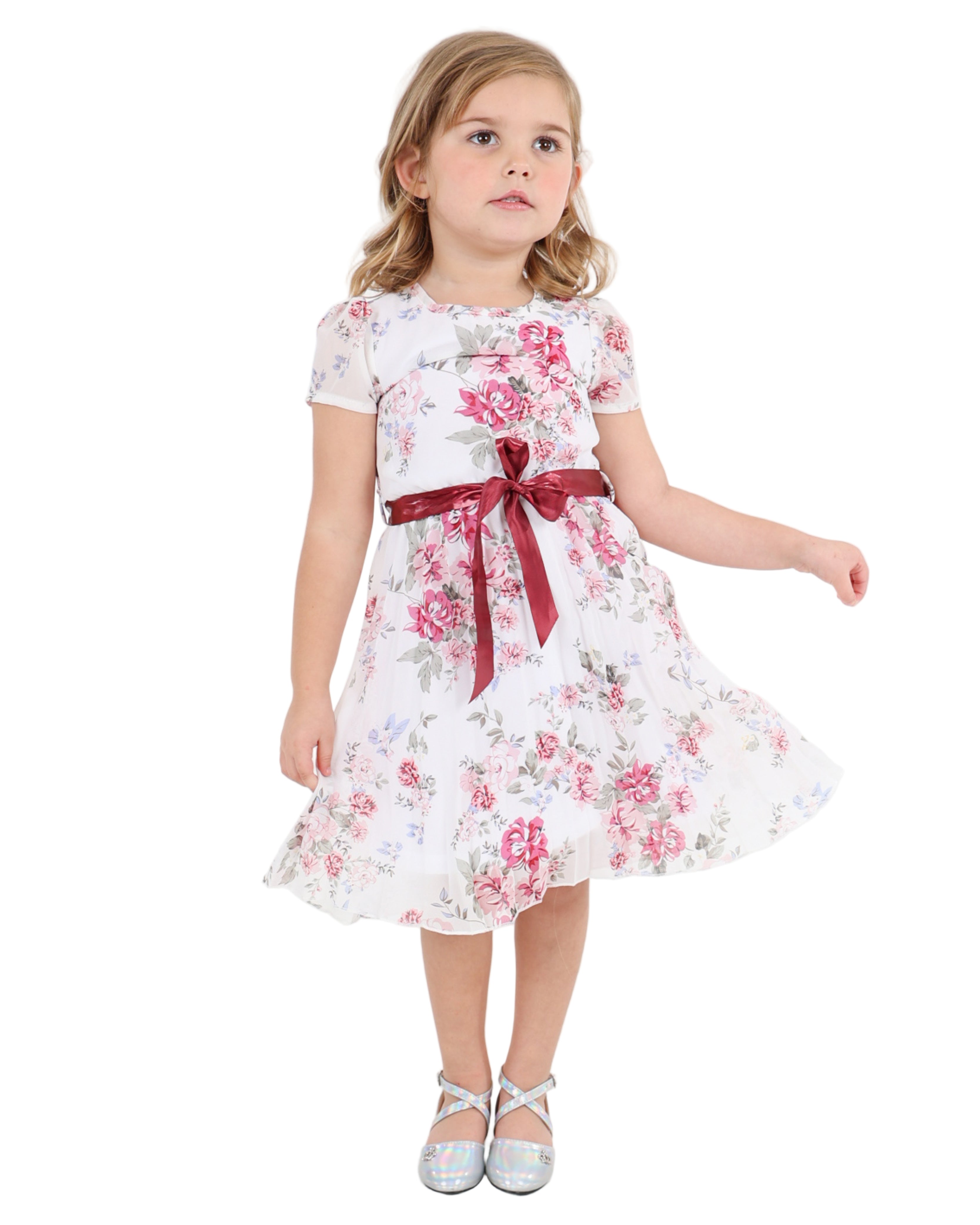 Pleated Skirt Floral Dress with A Satin Belt Bow