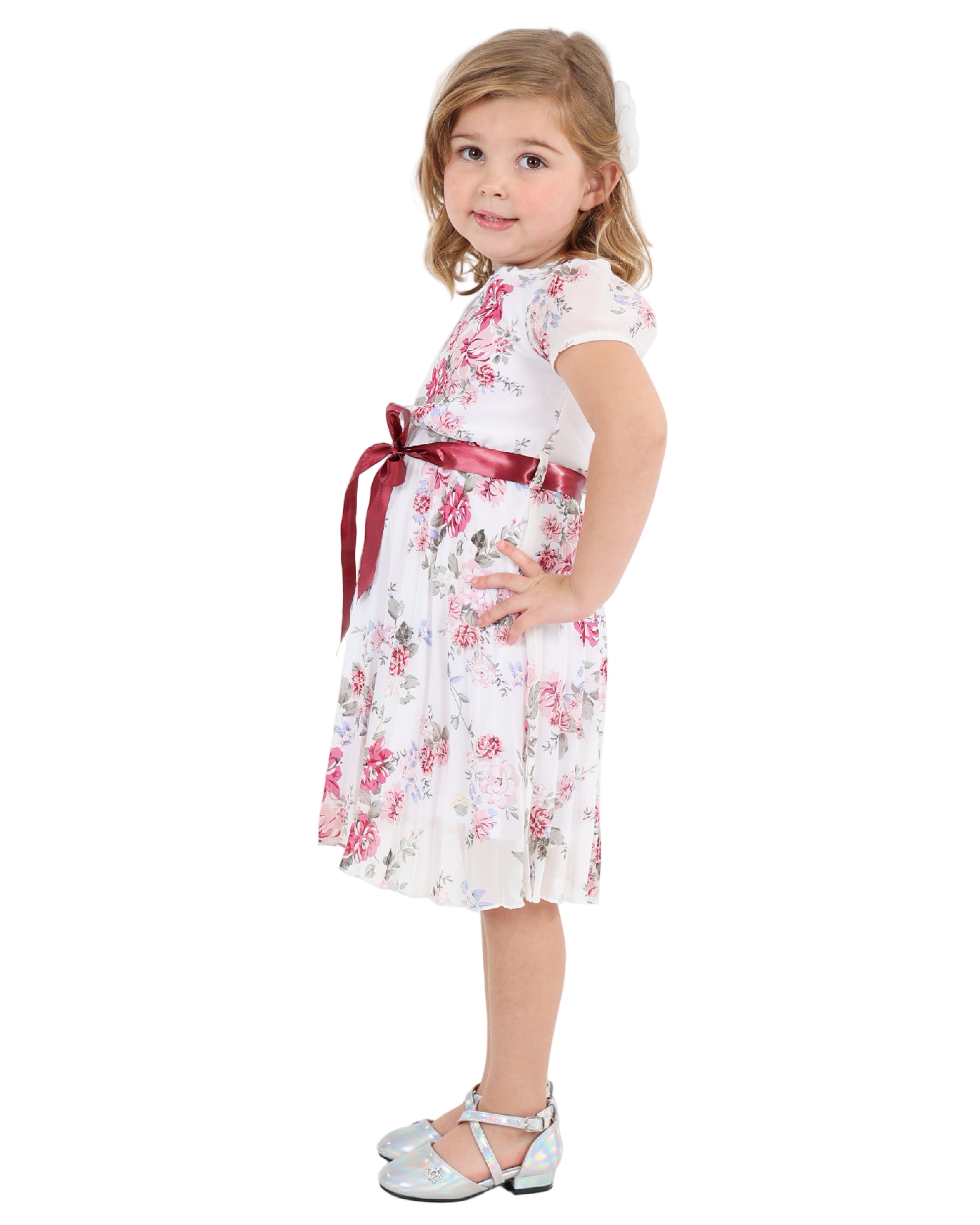 Pleated Skirt Floral Dress with A Satin Belt Bow