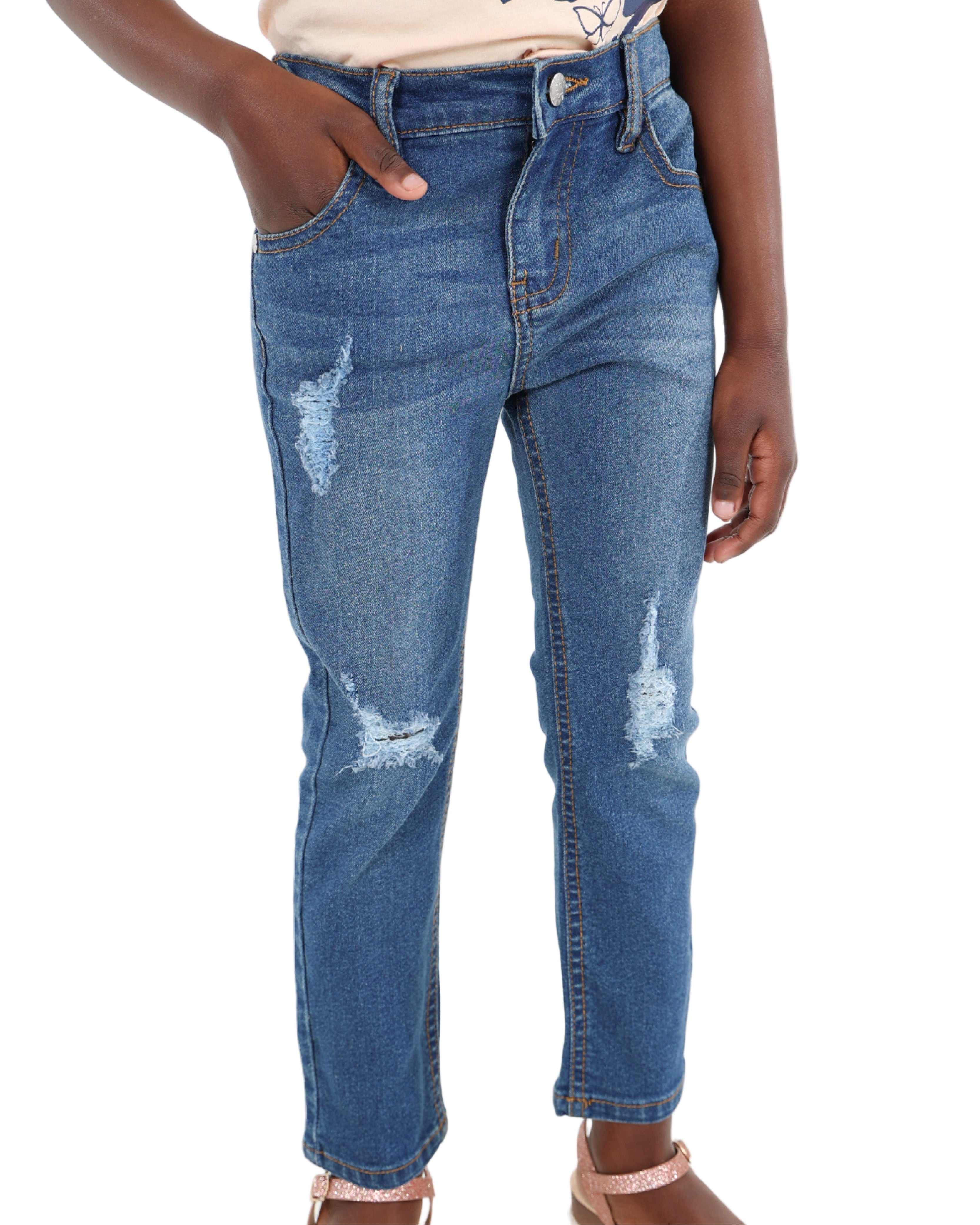 Sandblasted & Whiskered Stretch Skinny Jeans